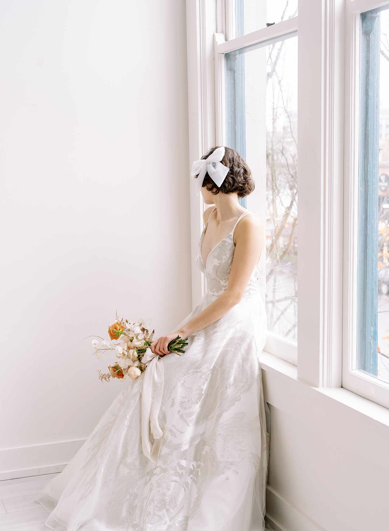 Twigs & Honey Tulle Long Bridal Hair Bow, Veil - Drapey Tulle Bridal Bow Hair Comb - Style #2356