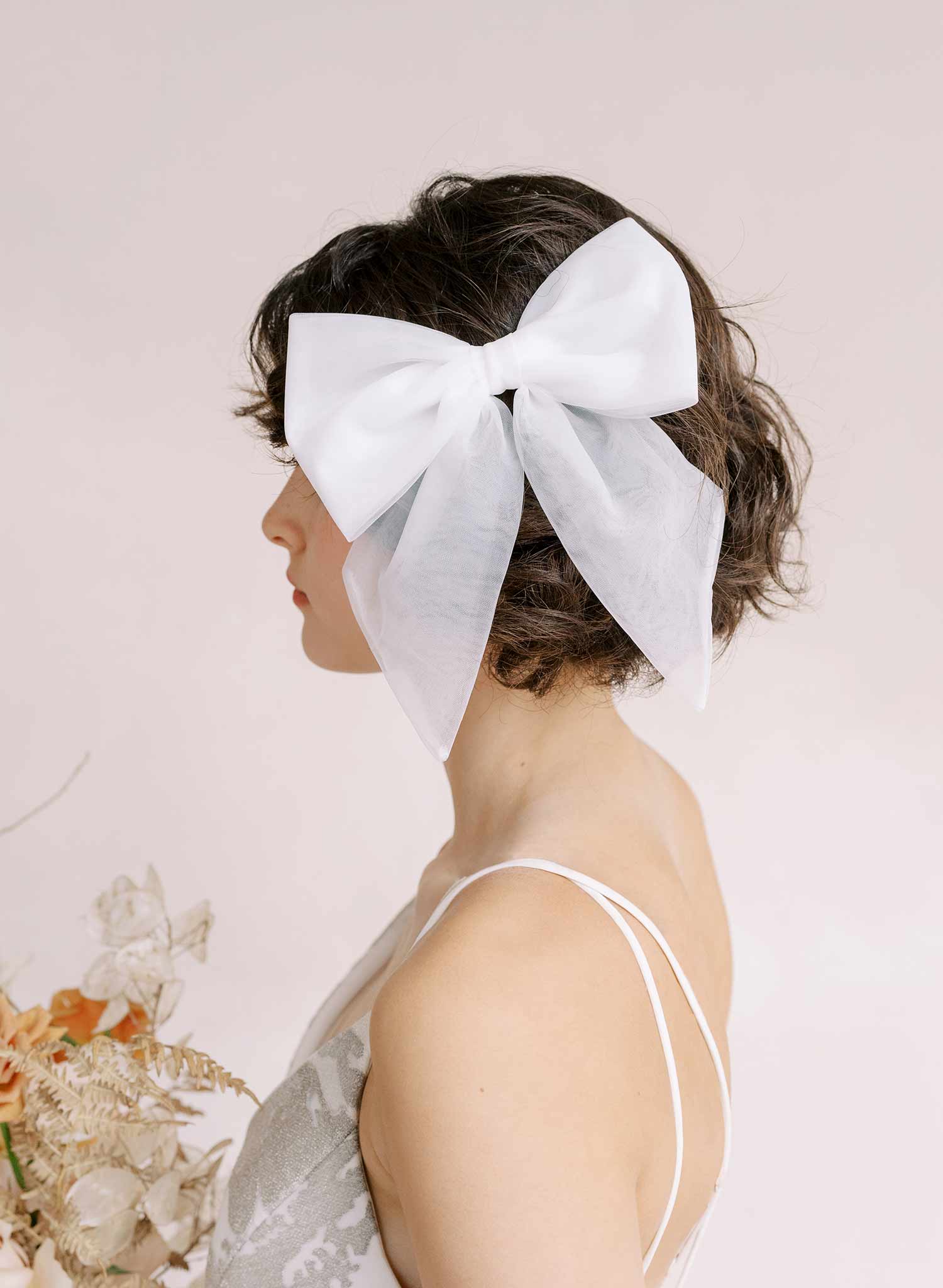 Tulle finished bridal bow hair clip - Style #2355