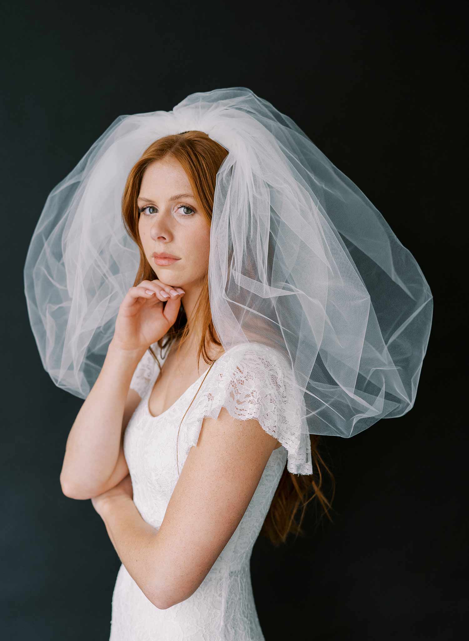 80s inspired voluminous short poufy bridal veil by twigs and honey