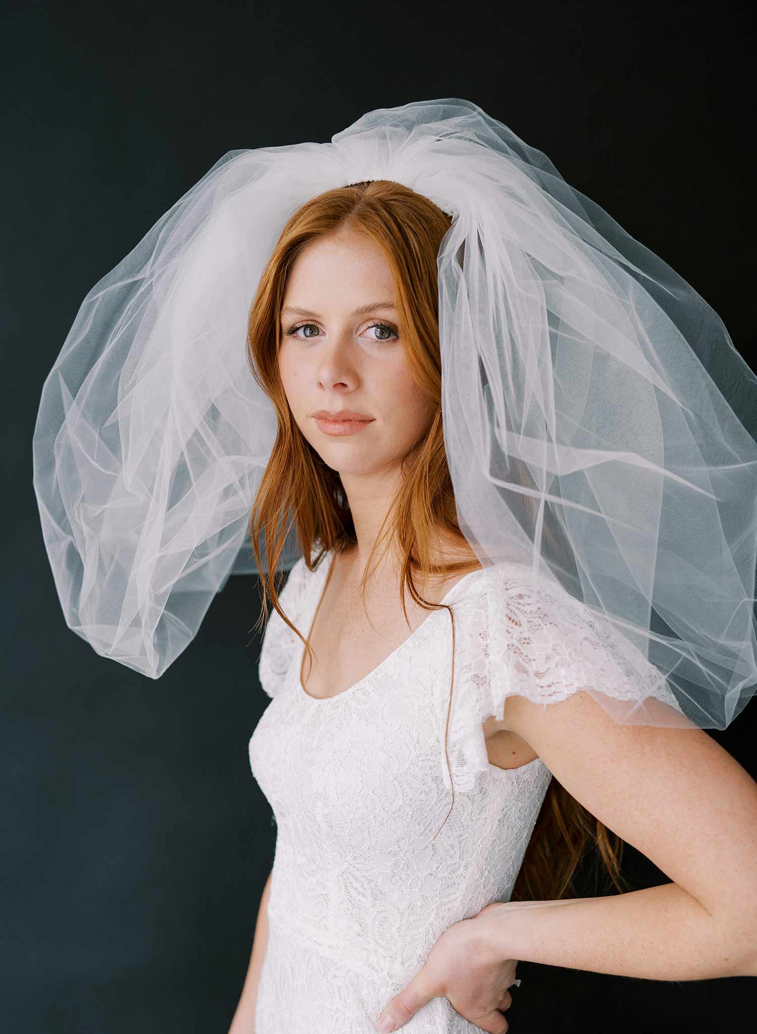 80s inspired voluminous short poufy bridal veil by twigs and honey