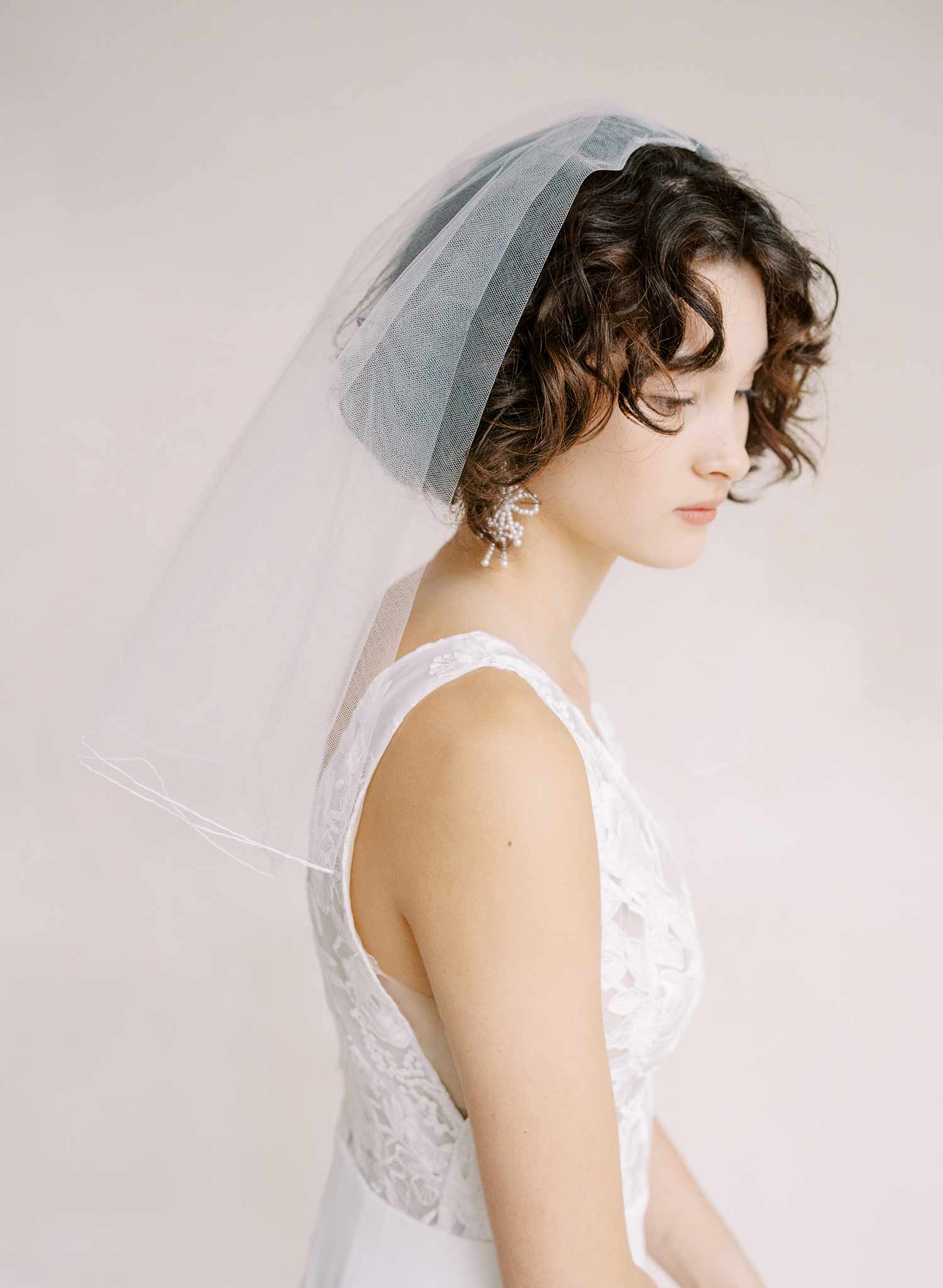 Twigs & Honey Bridal Short Veil with Blusher and Pencil Edge - Merrow Edge Bridal Veil with Blusher - Style #2358