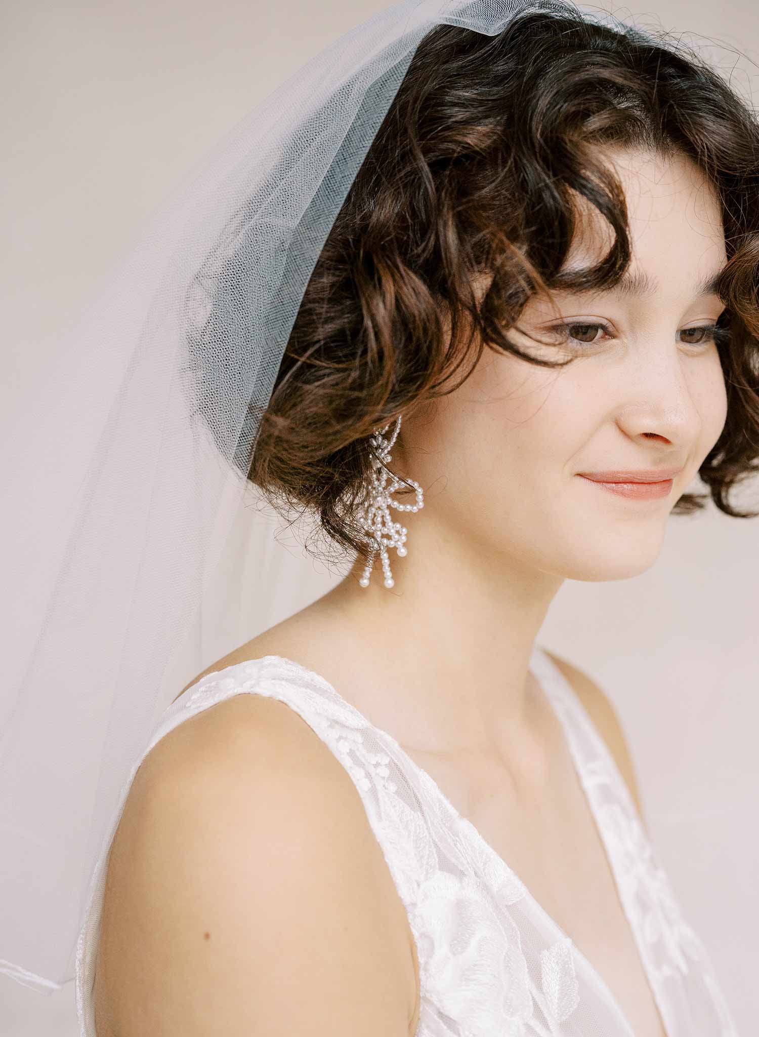 Twigs & Honey Bridal Short Veil with Blusher and Pencil Edge - Merrow Edge Bridal Veil with Blusher - Style #2358