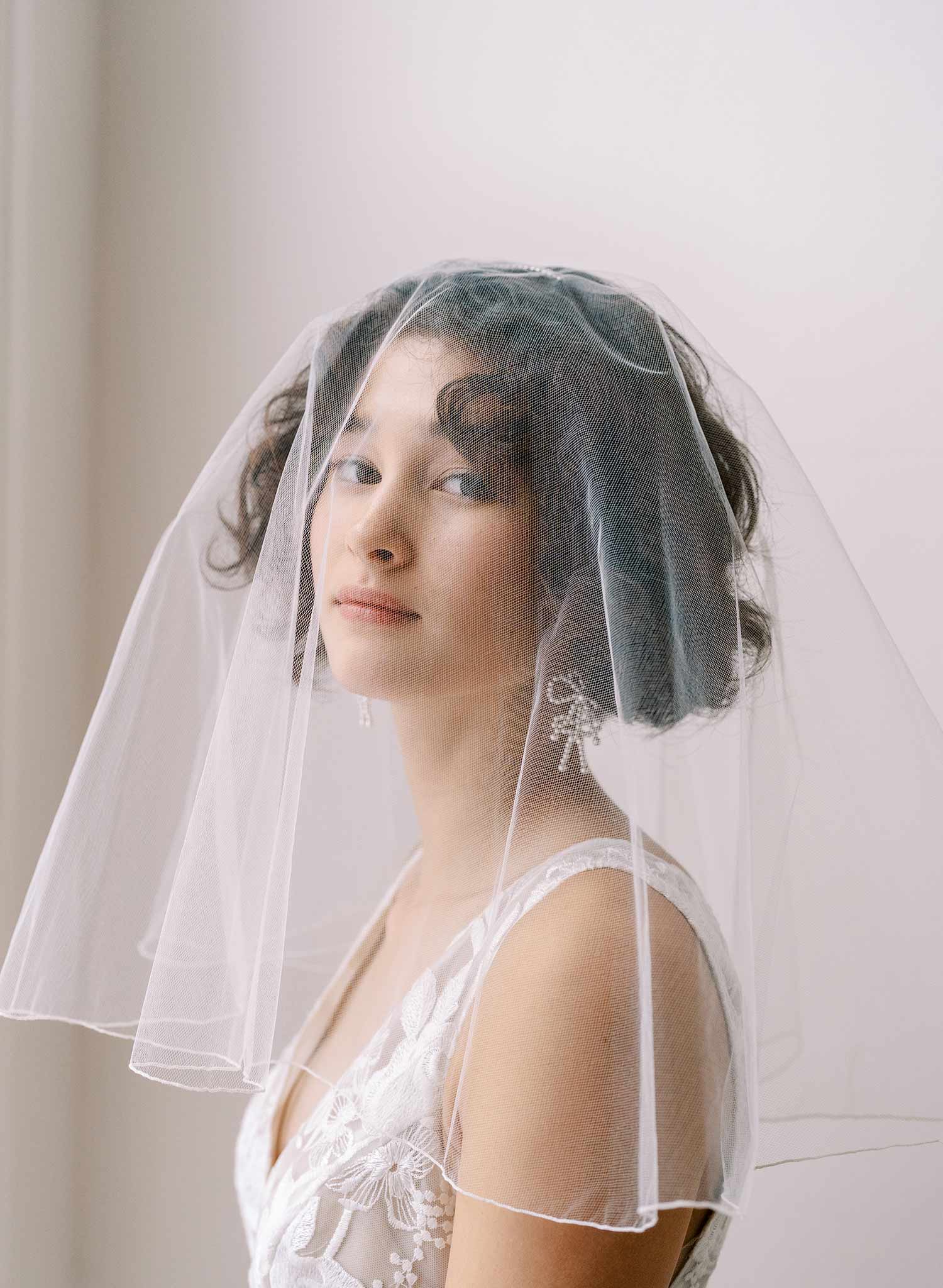 Twigs & Honey Bridal Short Veil with Blusher and Pencil Edge - Merrow Edge Bridal Veil with Blusher - Style #2358