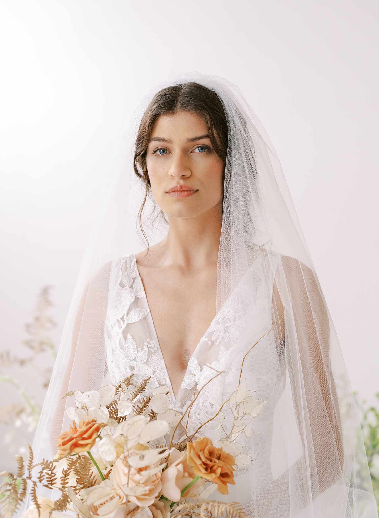 Twigs & Honey Bridal Short Veil with Blusher and Pencil Edge - Merrow Edge Bridal Veil with Blusher - Style #2358