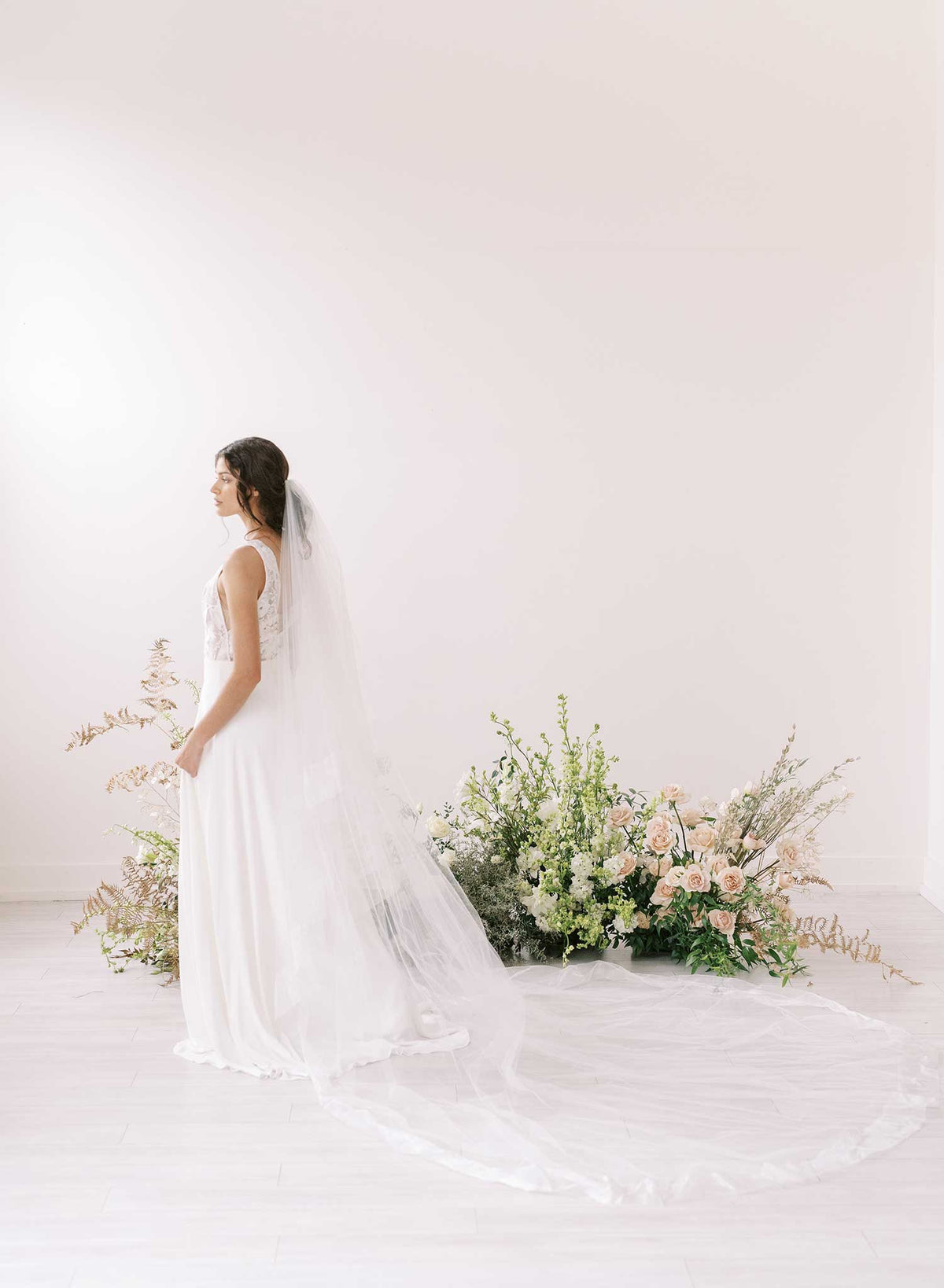 Montage By Mon Cheri White Cathedral Tulle Beaded Veil With Blusher Comb Bridal cathedral veil with organza trim - Organza edge veil  main image 3