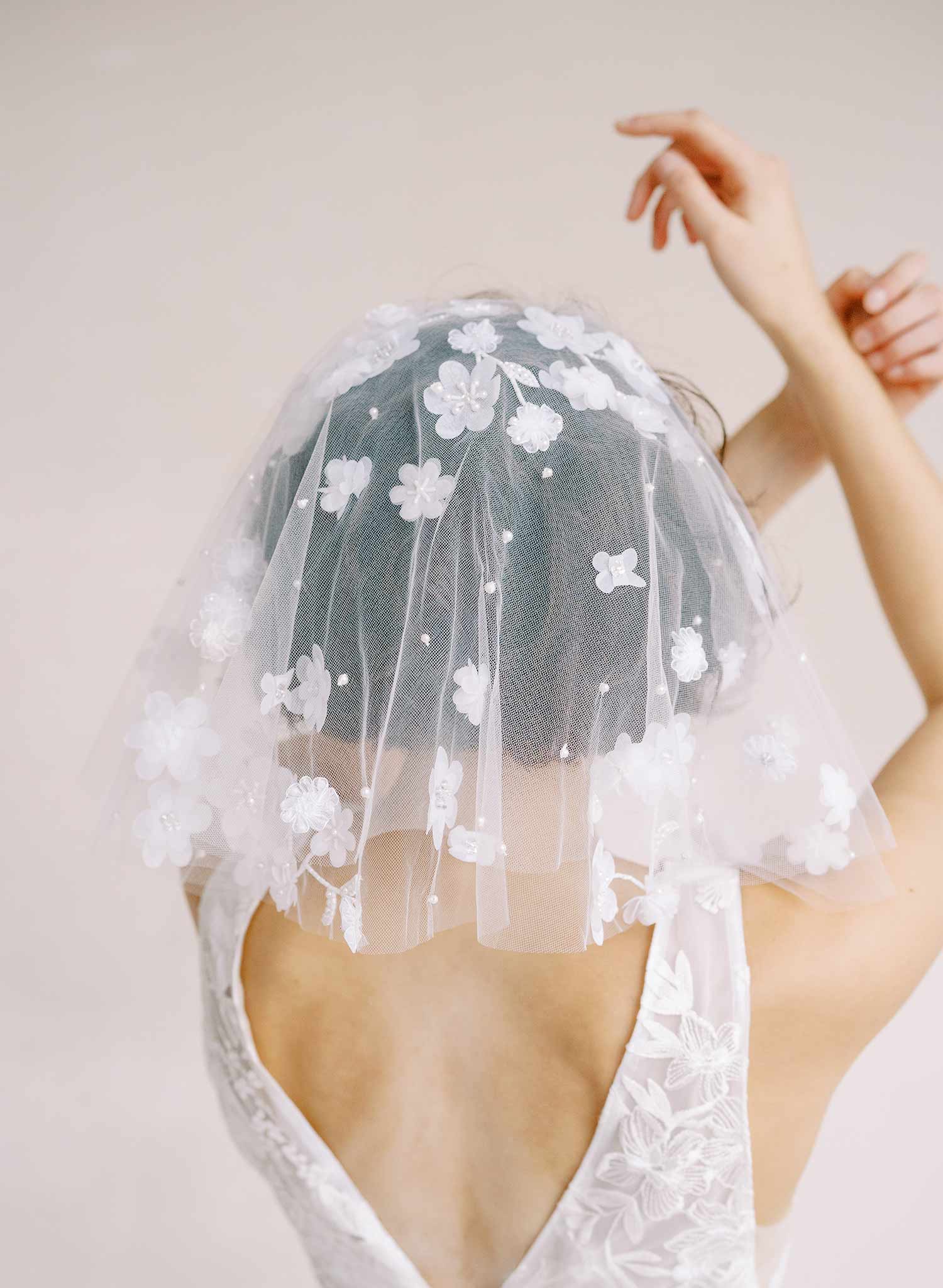 Twigs & Honey Short Bridal Flower Veil with Blusher - Floral Embroidered Short Veil with Blusher - Style #2361