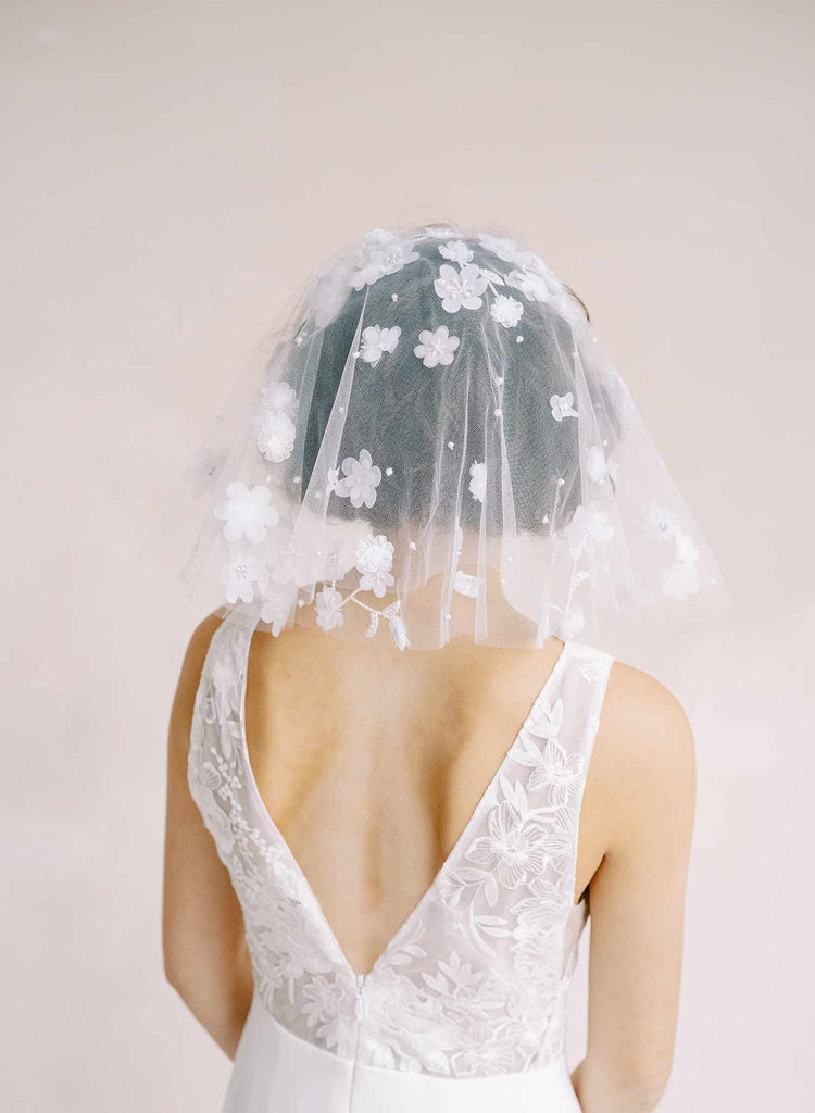 Bridal mini veil with blusher and flowers by twigs and honey