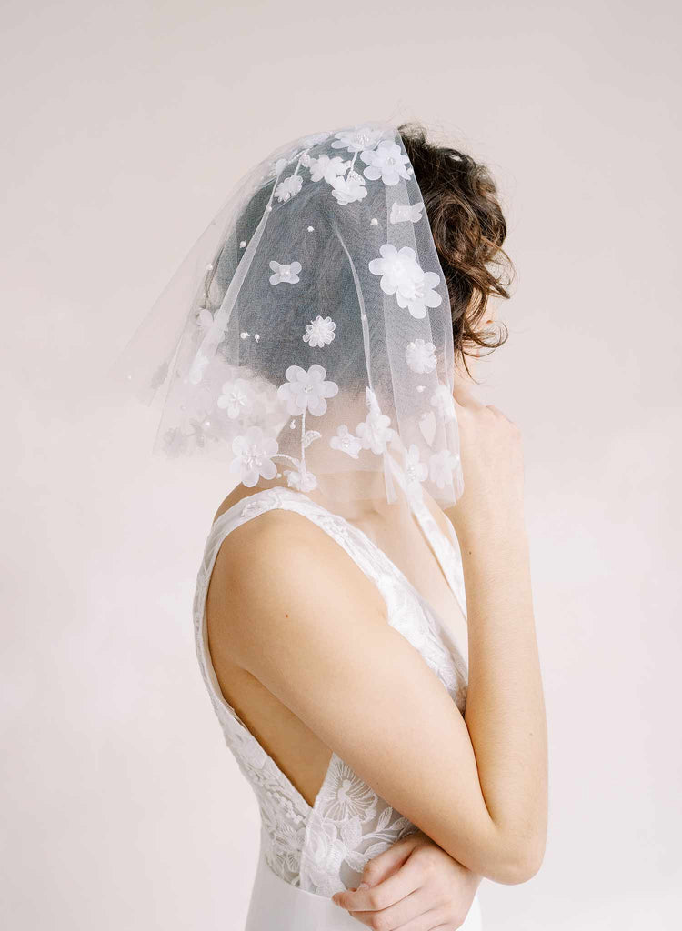 Bridal mini veil with blusher and flowers by twigs and honey