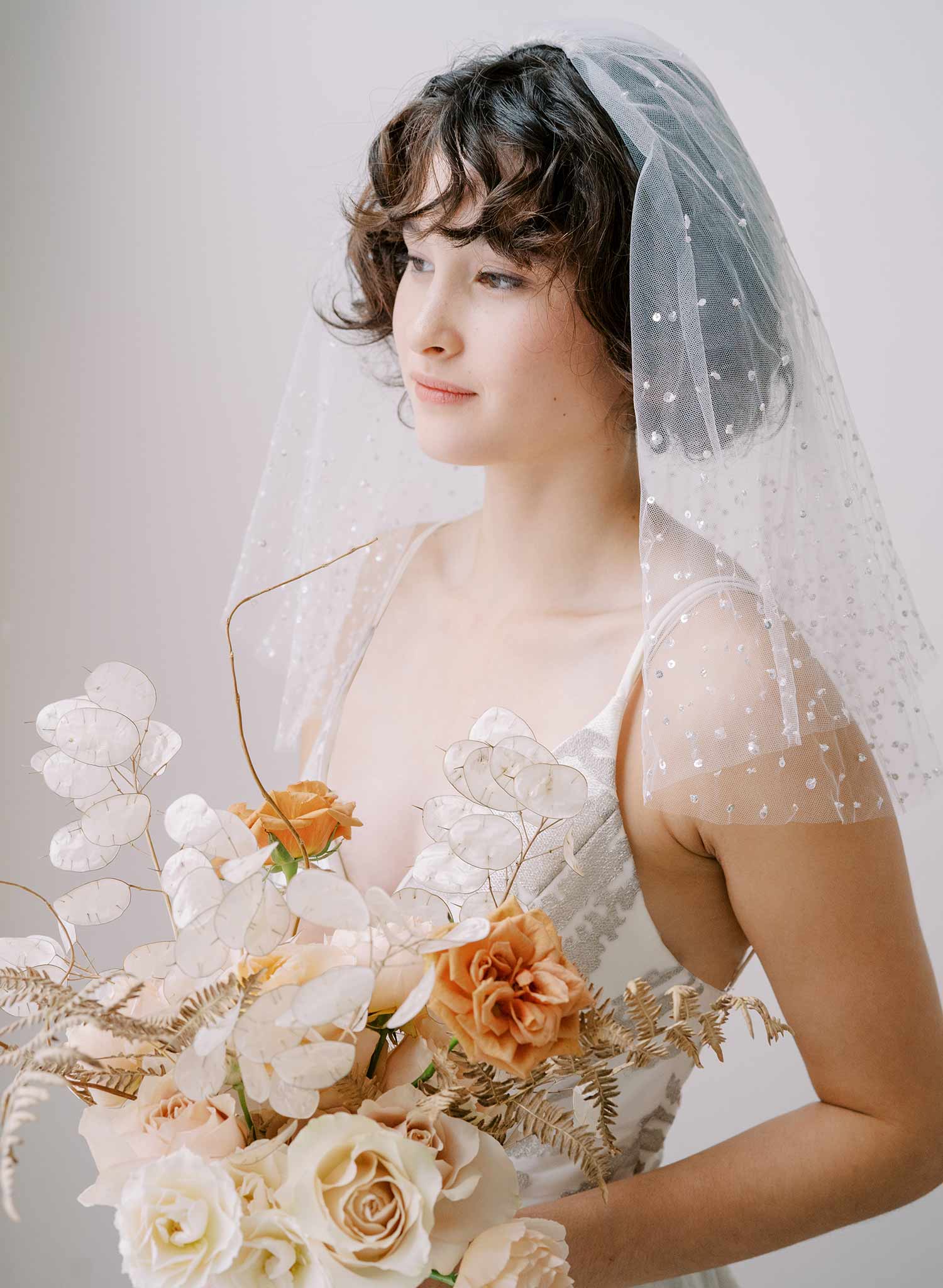 Twigs & Honey Short Bridal Flower Veil with Blusher - Floral Embroidered Short Veil with Blusher - Style #2361