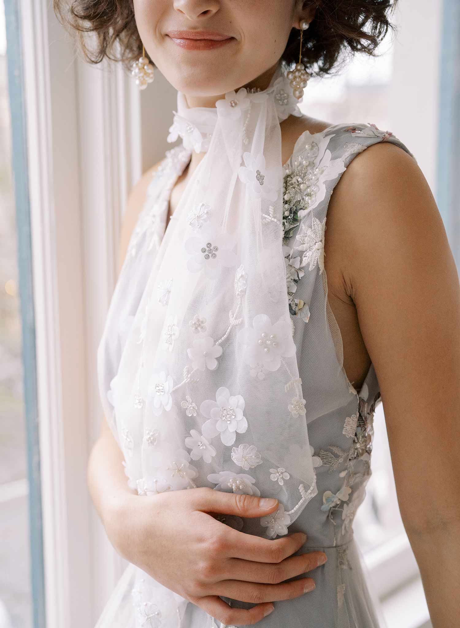 Tulle bridal flower and bead scarf, wrap - Floral embroidered