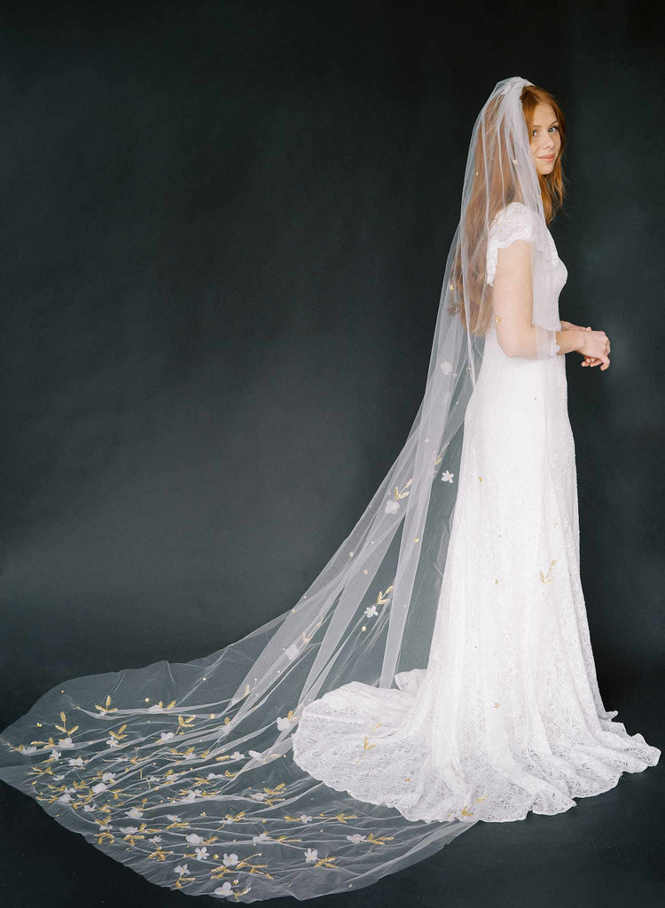 Cathedral bridal veil with hand sewn flowers by twigs & honey