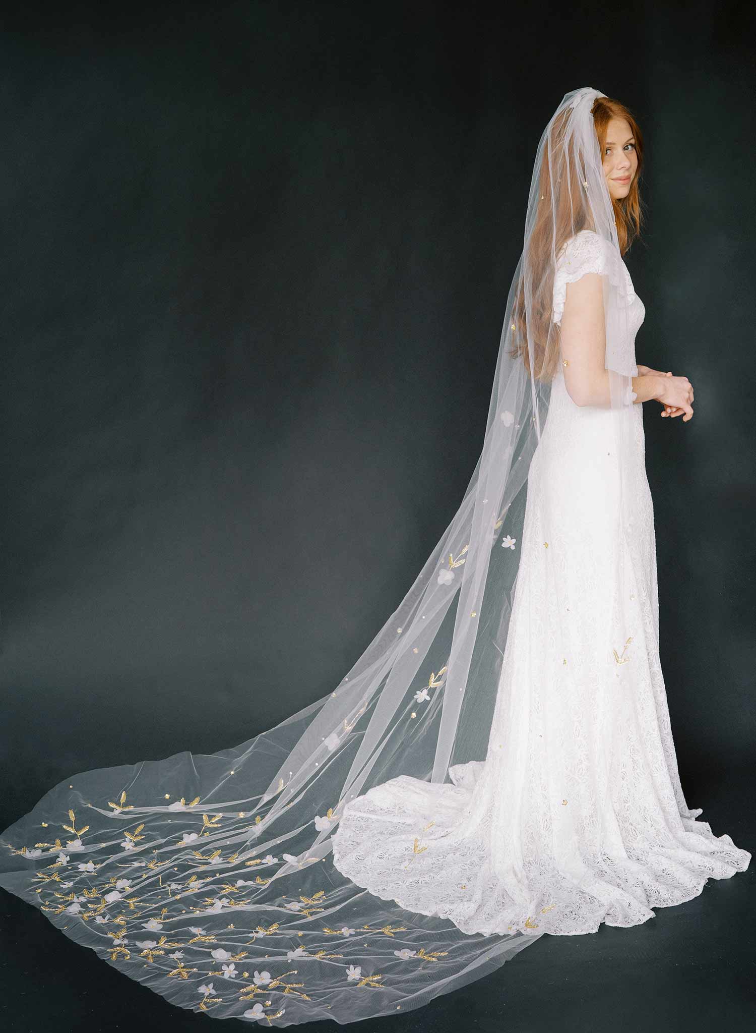 Twigs & Honey Bridal Cathedral Veil with Organza Trim - Organza Edge Veil with Blusher, Chapel Length - Style #2360 Chapel (90)