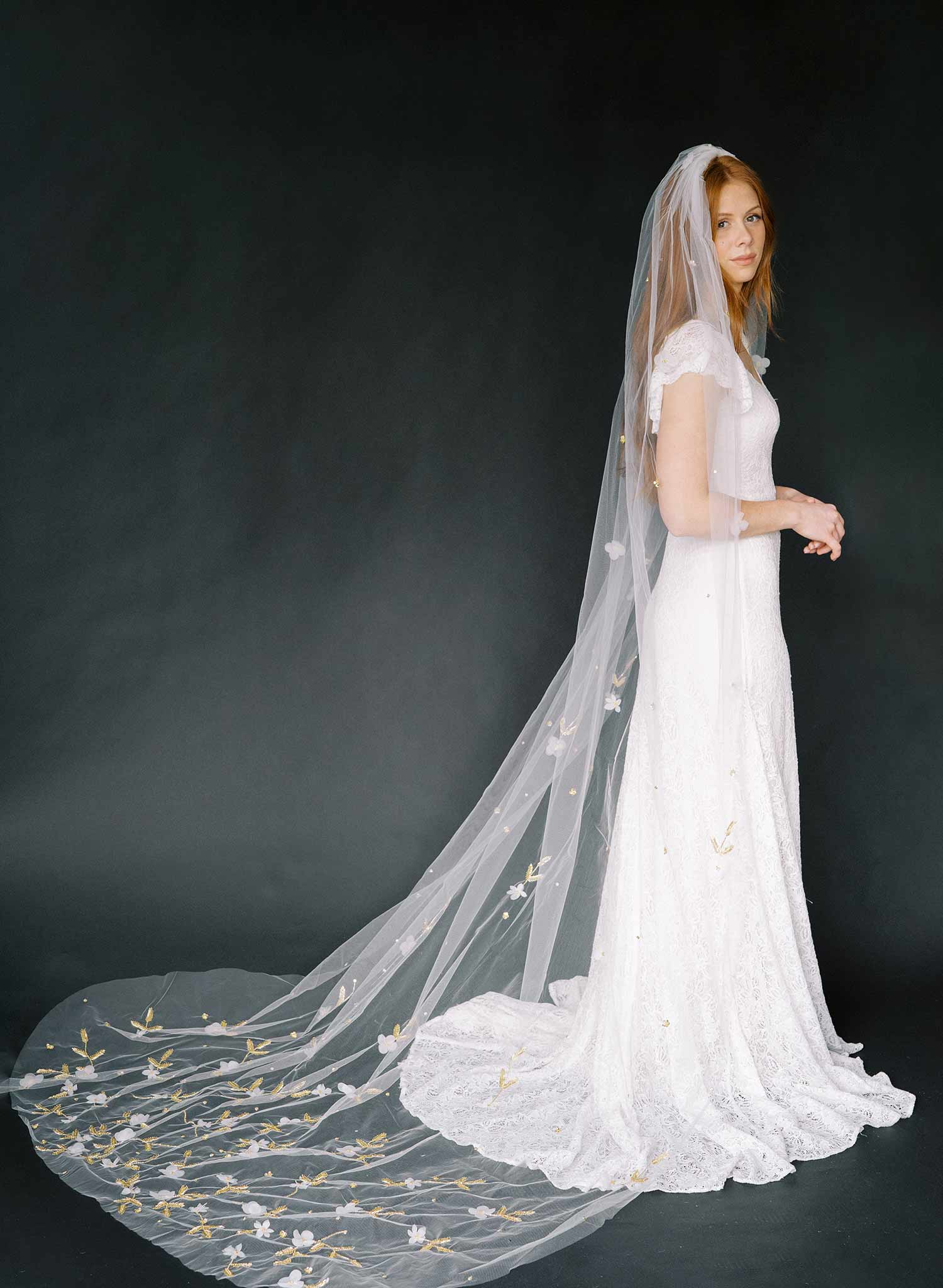 Cathedral bridal veil with hand sewn flowers by twigs & honey