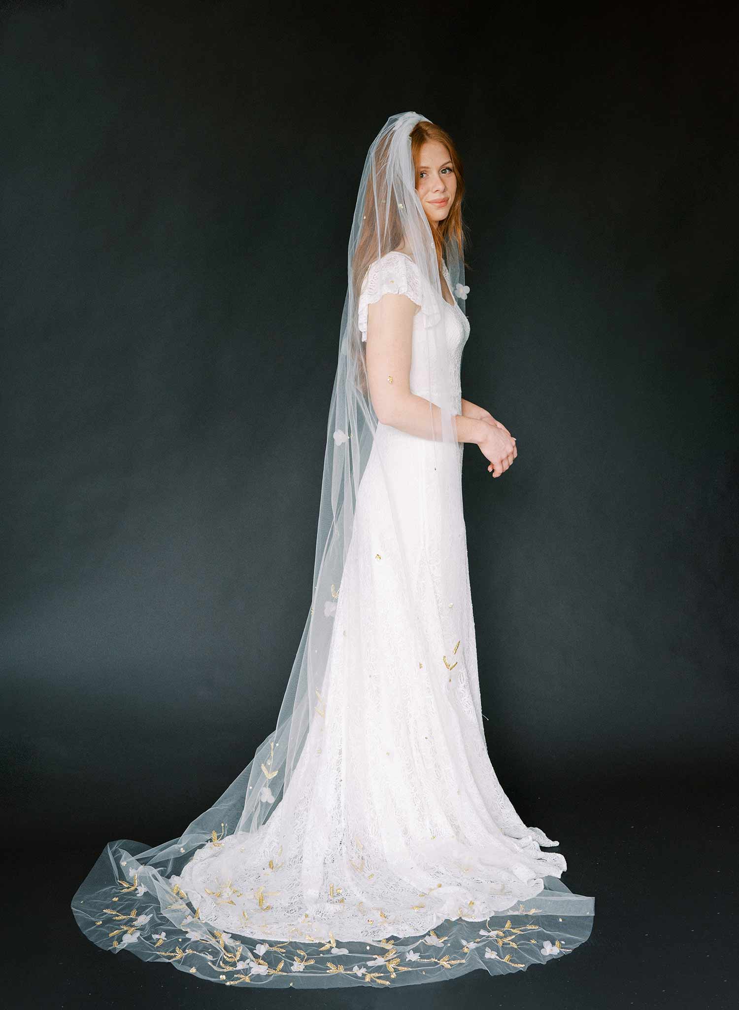 Floral embroidered bridal train veil, cathedral - Style #2367