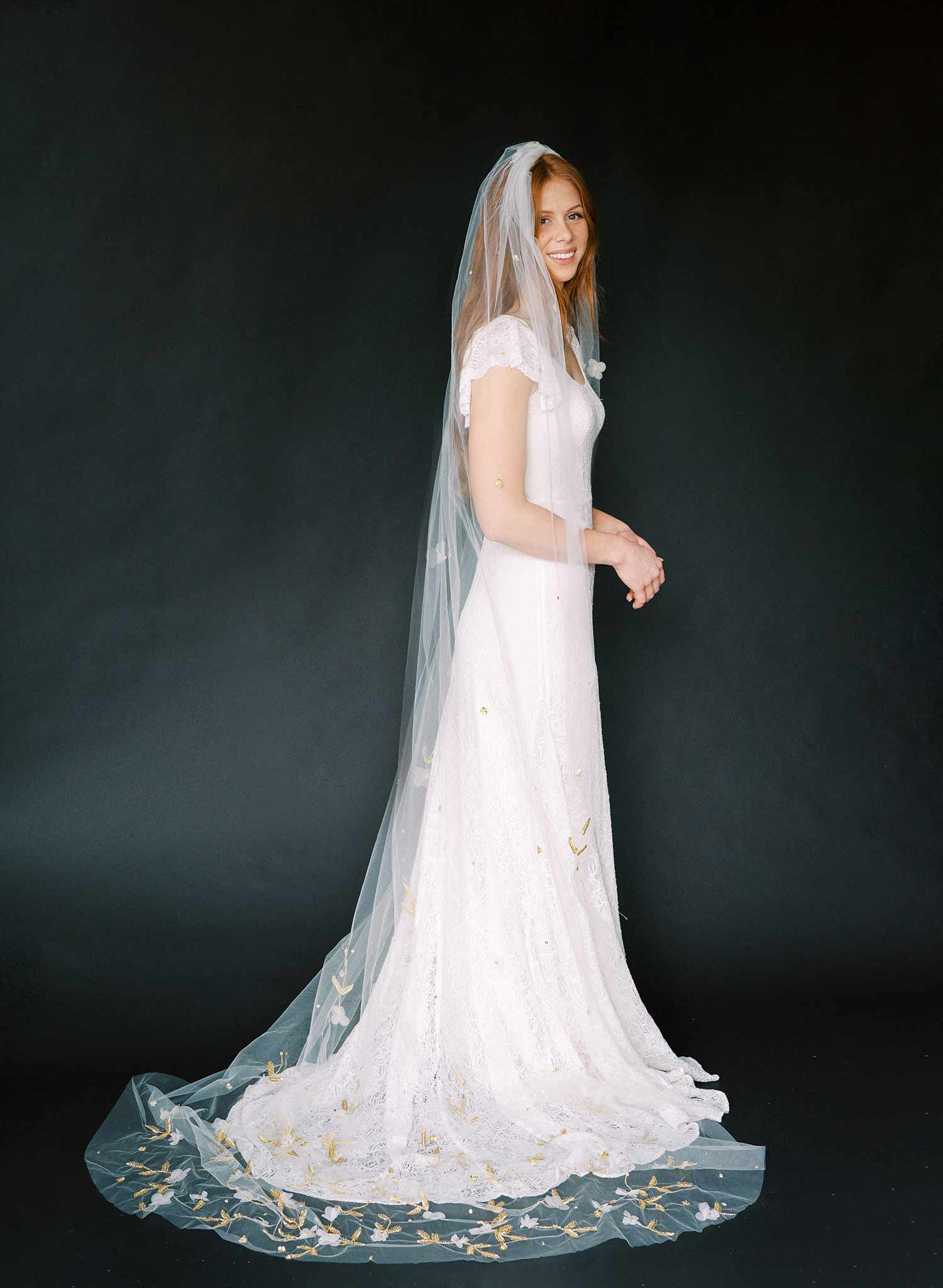 Twigs & Honey Pearl Bridal Veil - Pearl Chapel Train Veil - Style #968 Cathedral (108)