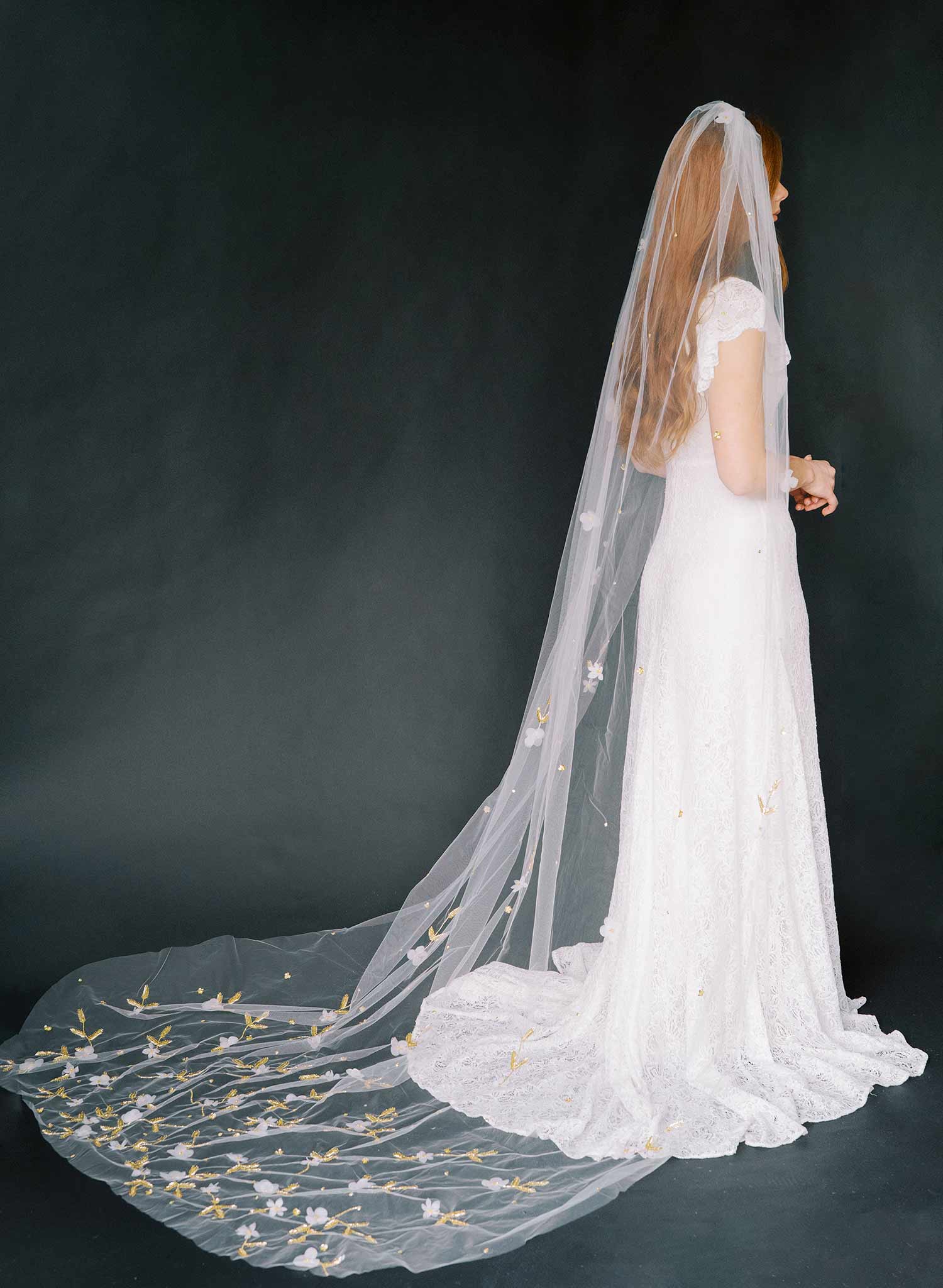 Twigs & Honey Cathedral Train Veil, Bridal Floral Veil - Floral Embroidered Bridal Train Veil, Cathedral - Style #2367