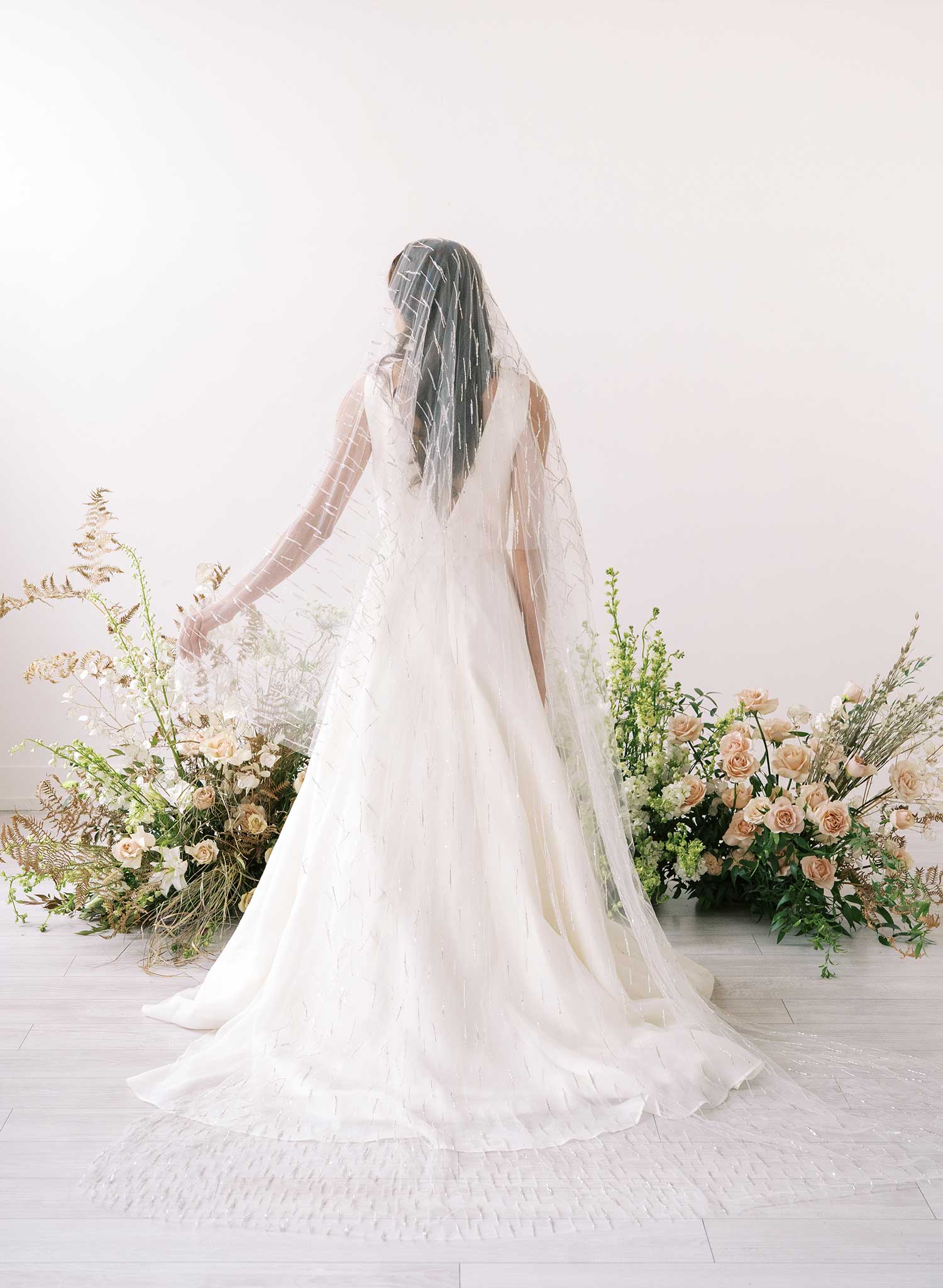 Twigs & Honey Short Bridal Flower Veil with Blusher - Floral Embroidered Short Veil with Blusher - Style #2361