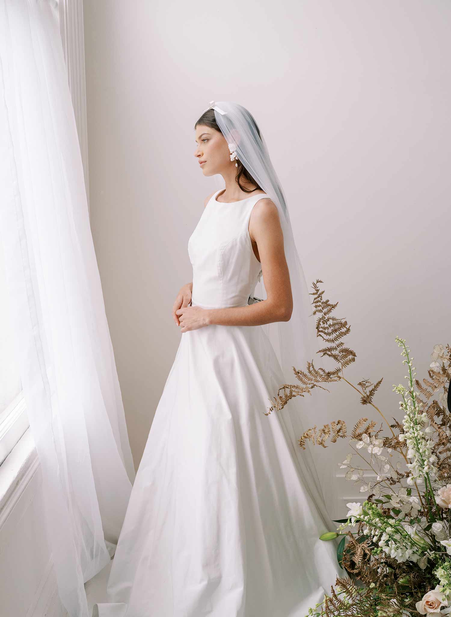 Soft bridal train tulle veil with silk bow by twigs and honey