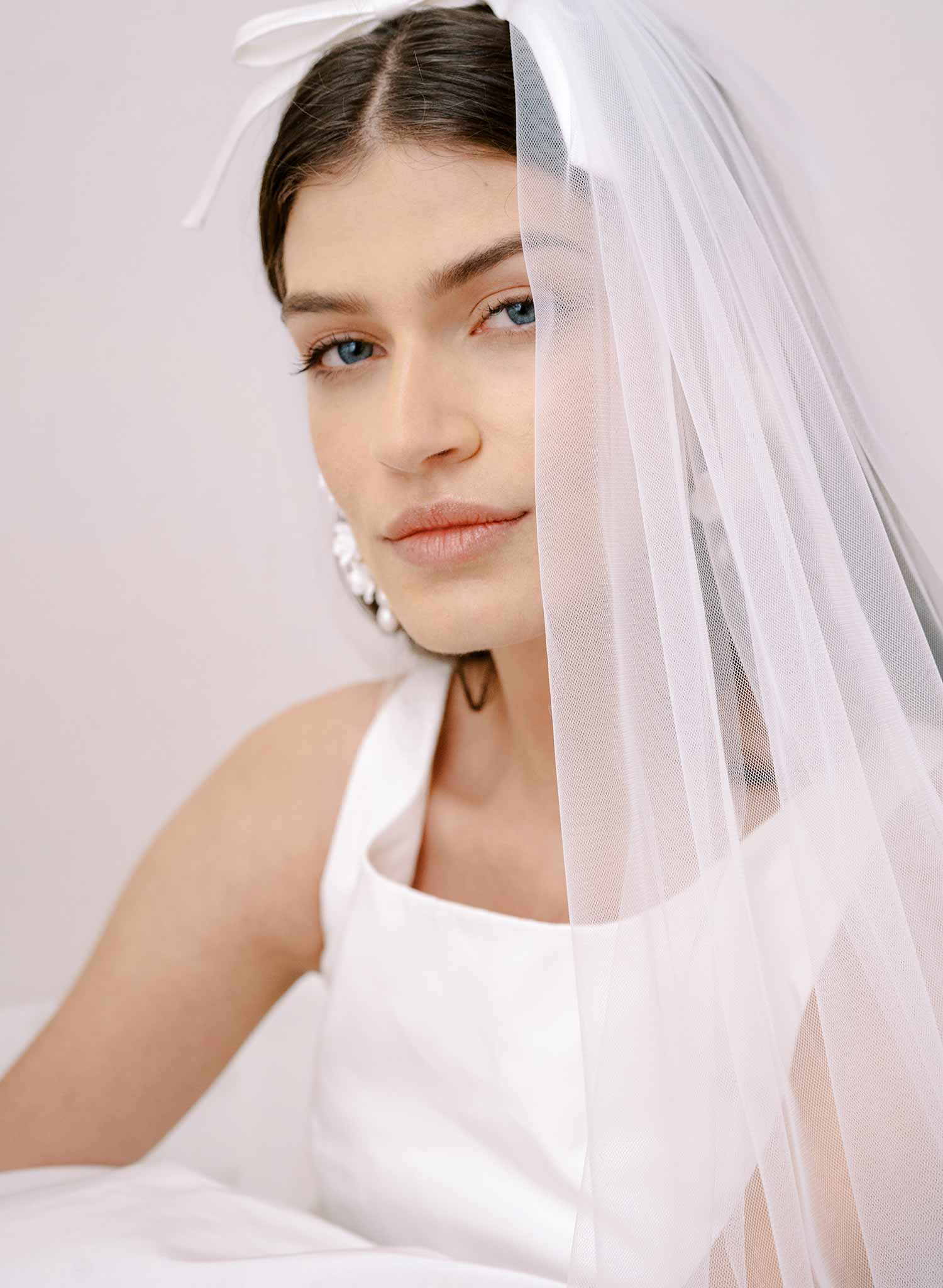 Soft bridal train tulle veil with silk bow by twigs and honey