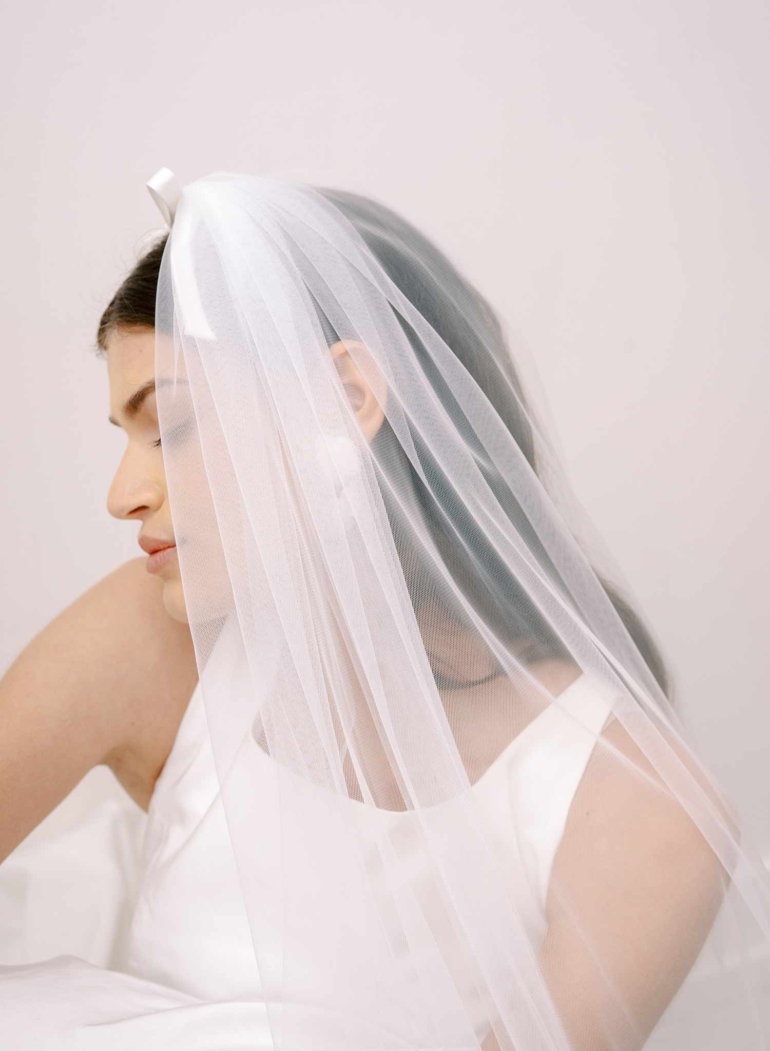 Soft bridal train tulle veil with silk bow by twigs and honey