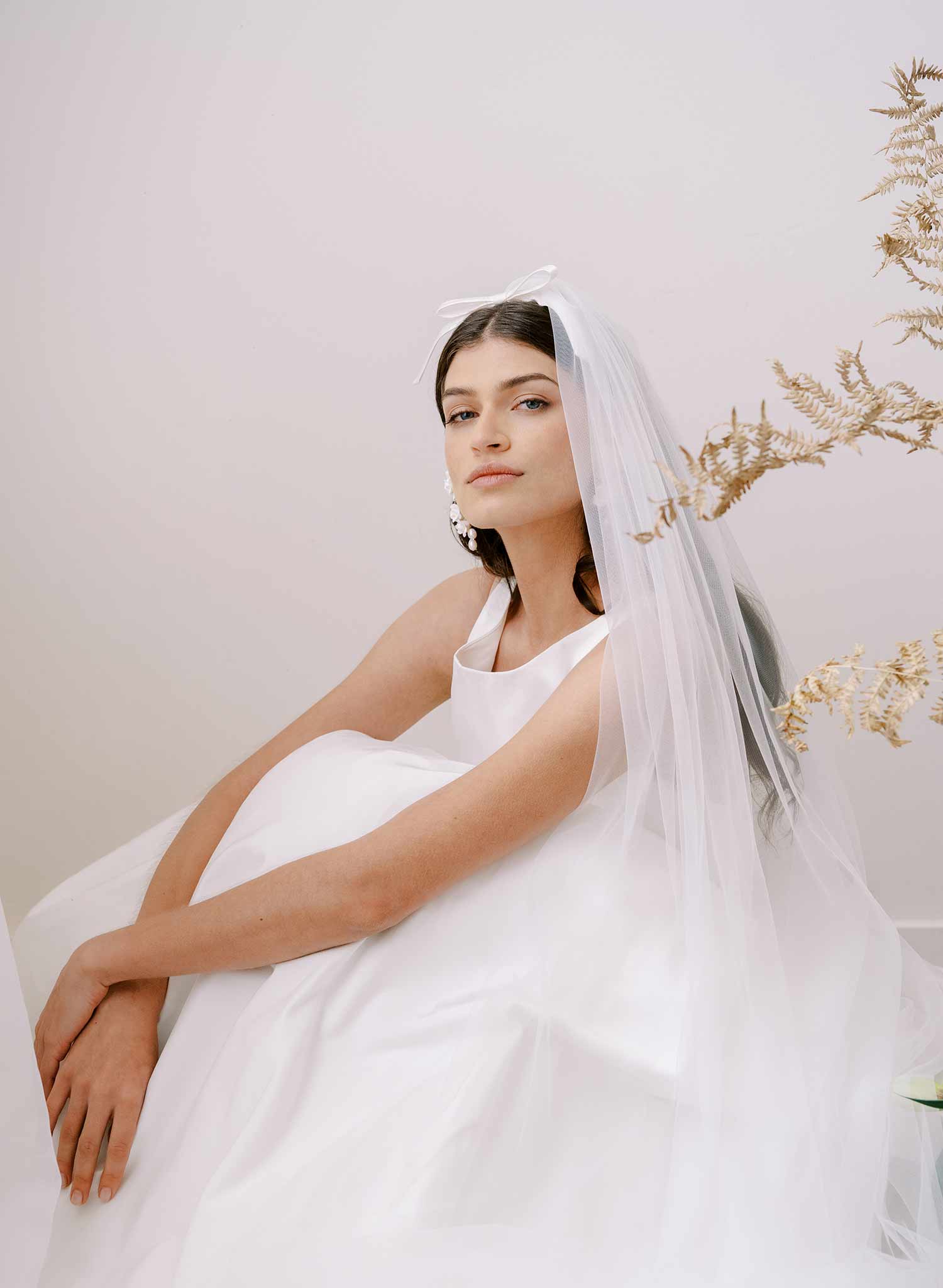 Soft bridal train tulle veil with silk bow by twigs and honey