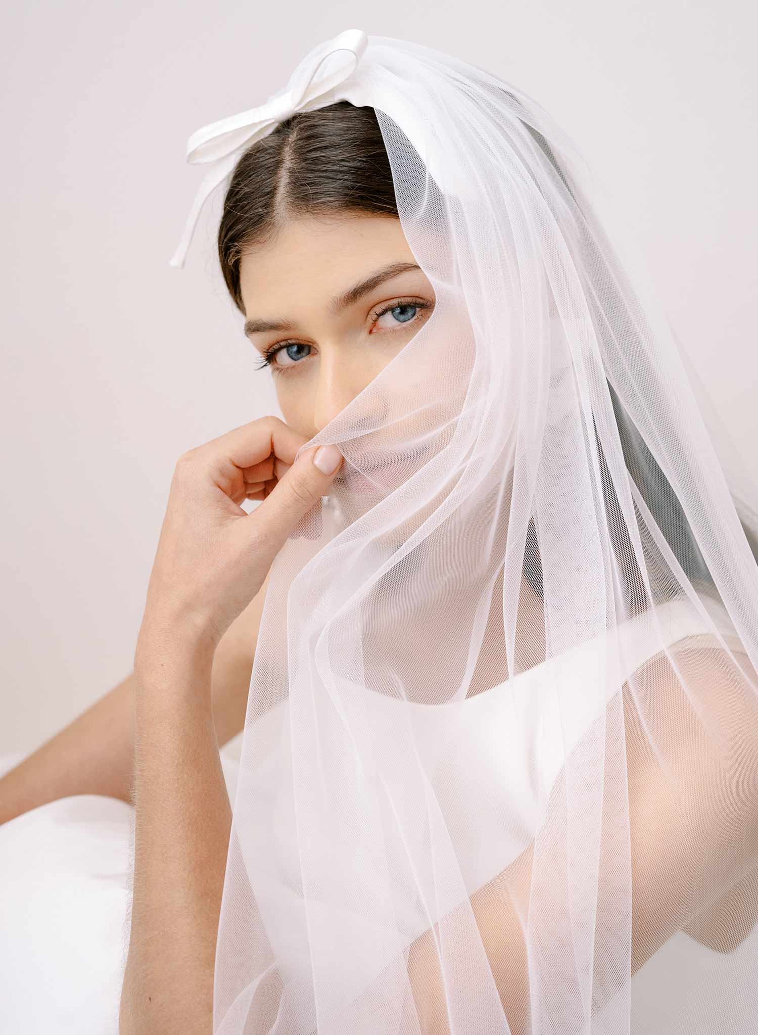 Soft bridal train tulle veil with silk bow by twigs and honey
