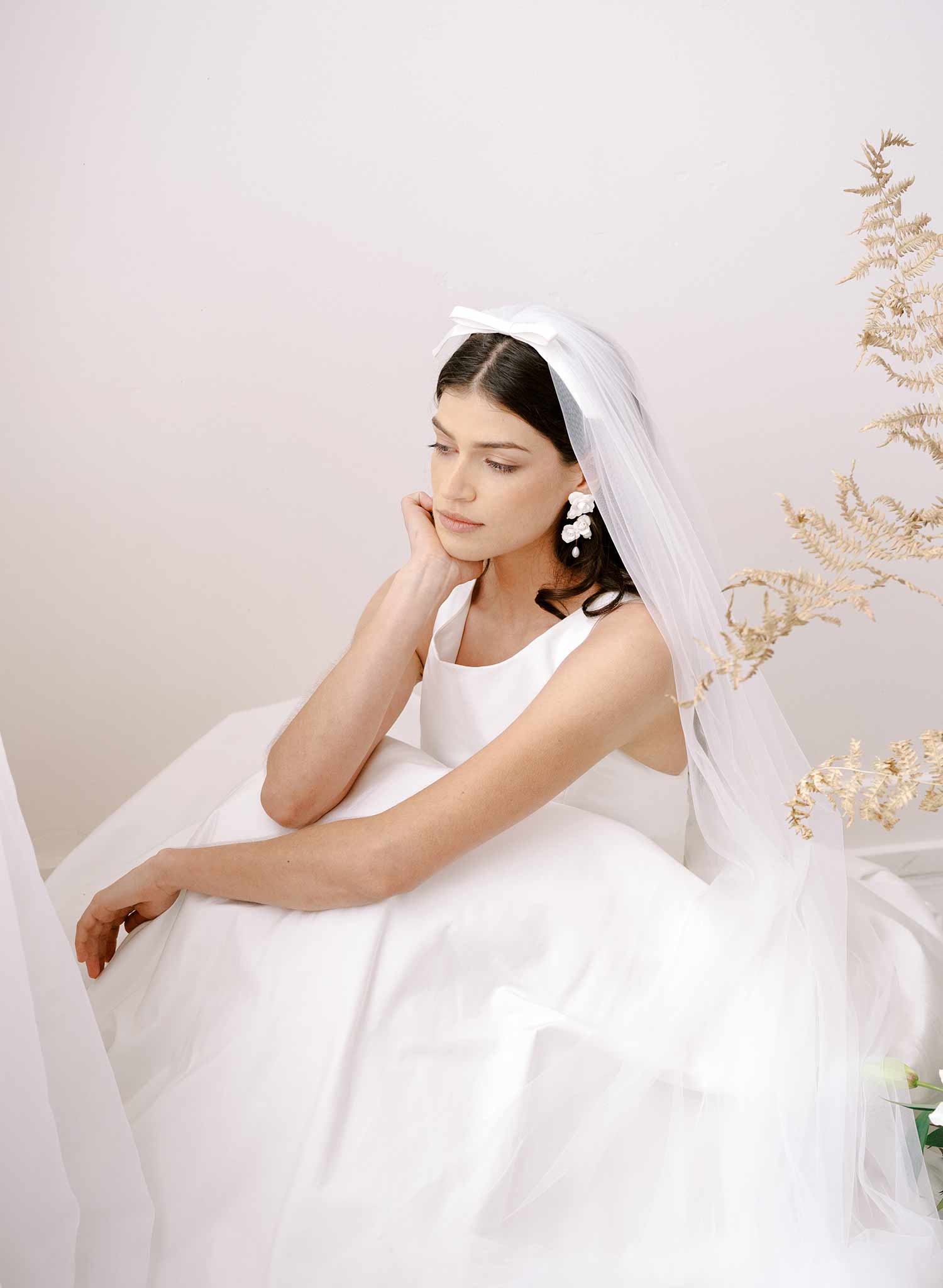 Soft bridal train tulle veil with silk bow by twigs and honey