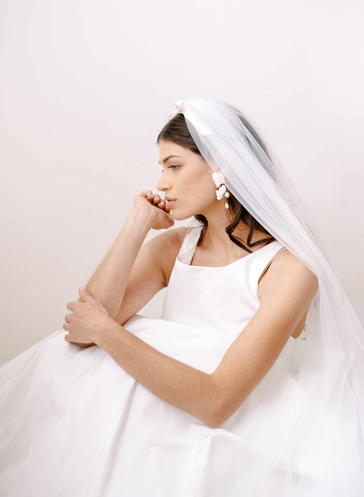 Soft bridal train tulle veil with silk bow by twigs and honey