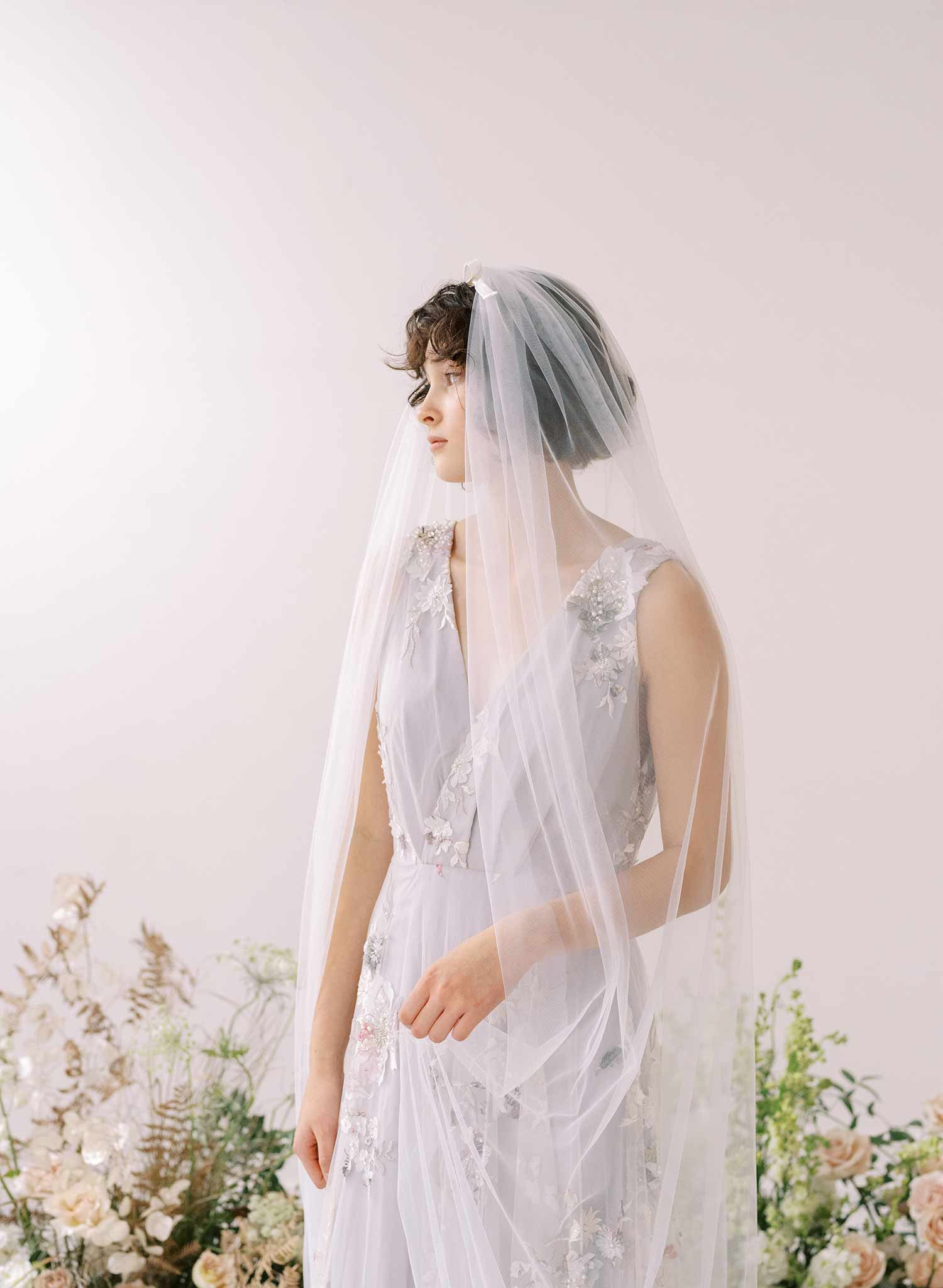 Soft bridal train tulle veil with silk bow by twigs and honey