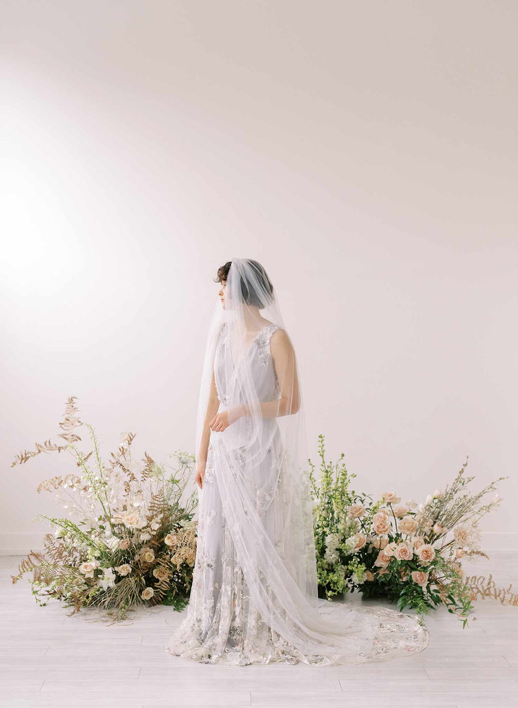 Soft bridal train tulle veil with silk bow by twigs and honey