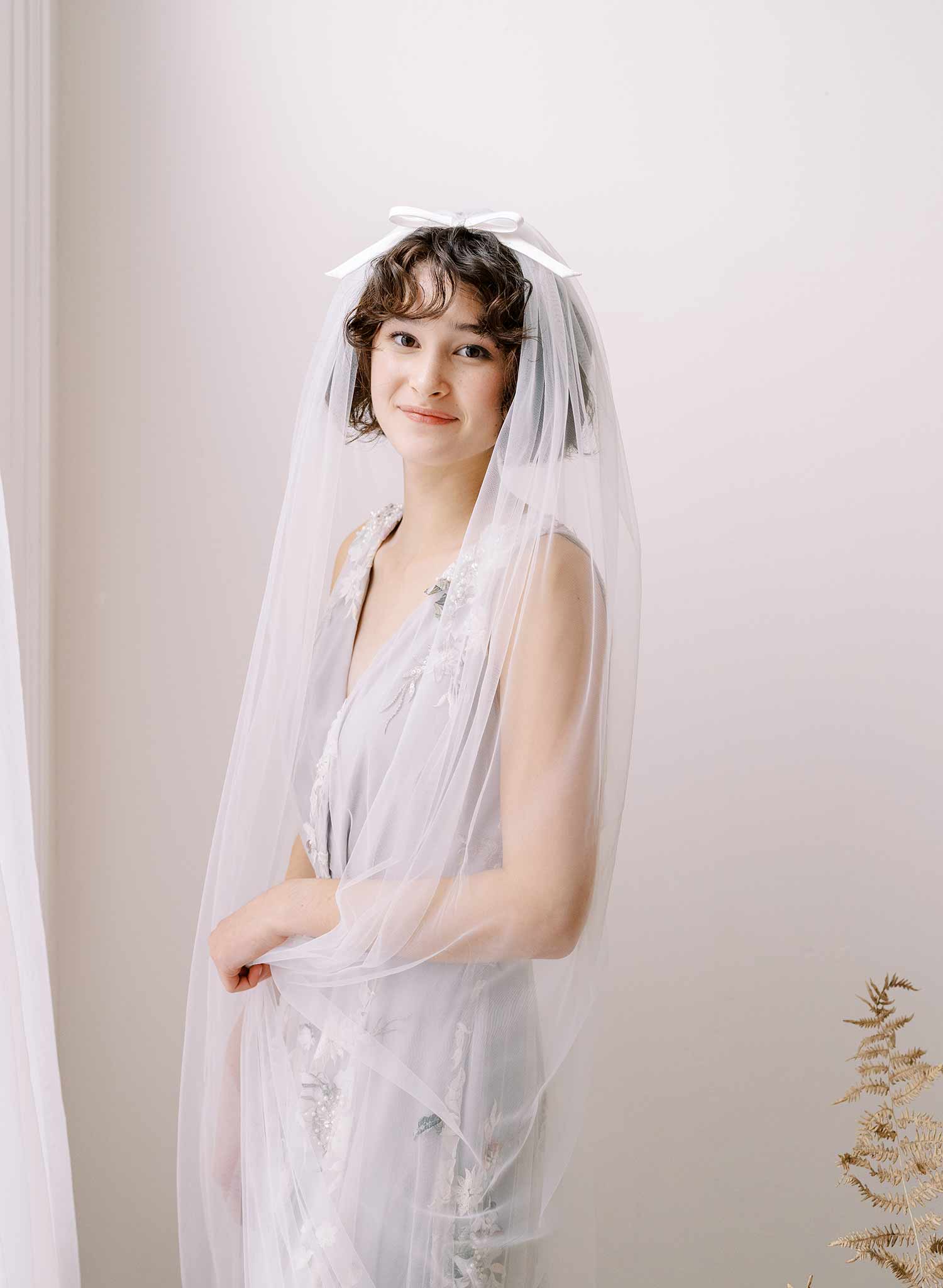 Soft bridal train tulle veil with silk bow by twigs and honey