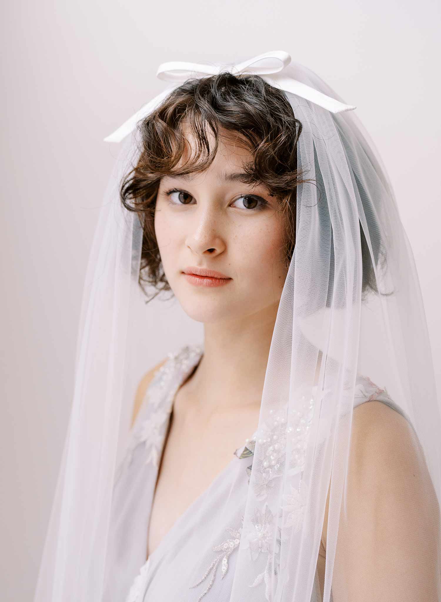Soft bridal train tulle veil with silk bow by twigs and honey