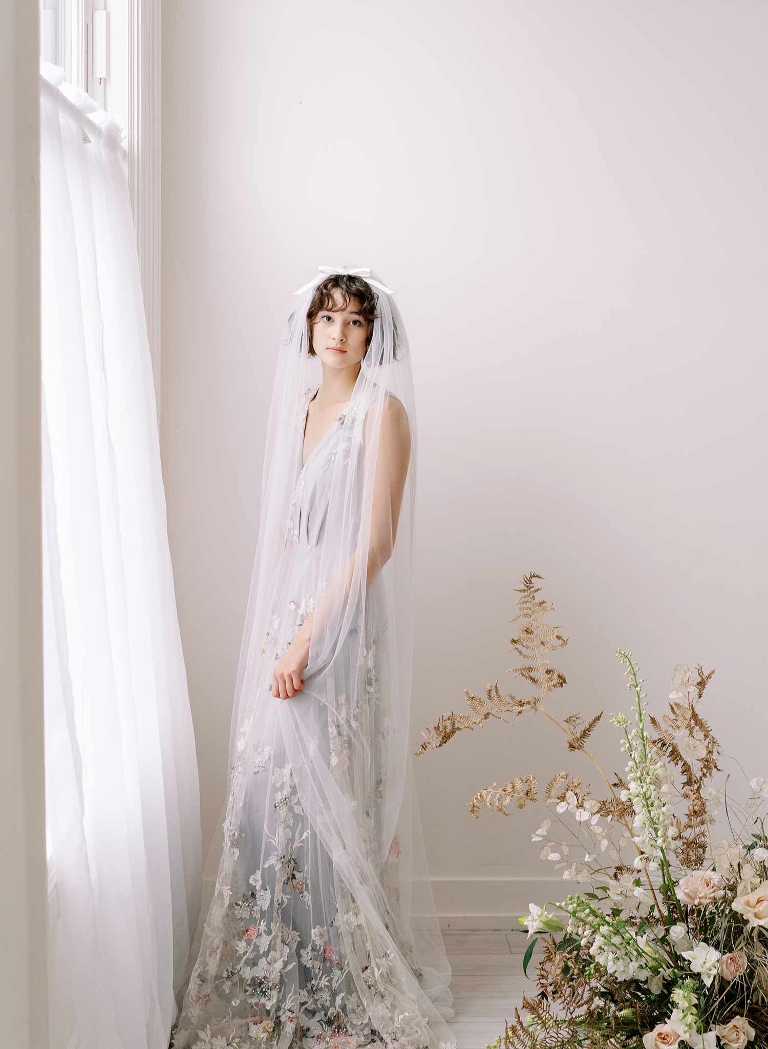 Soft bridal train tulle veil with silk bow by twigs and honey