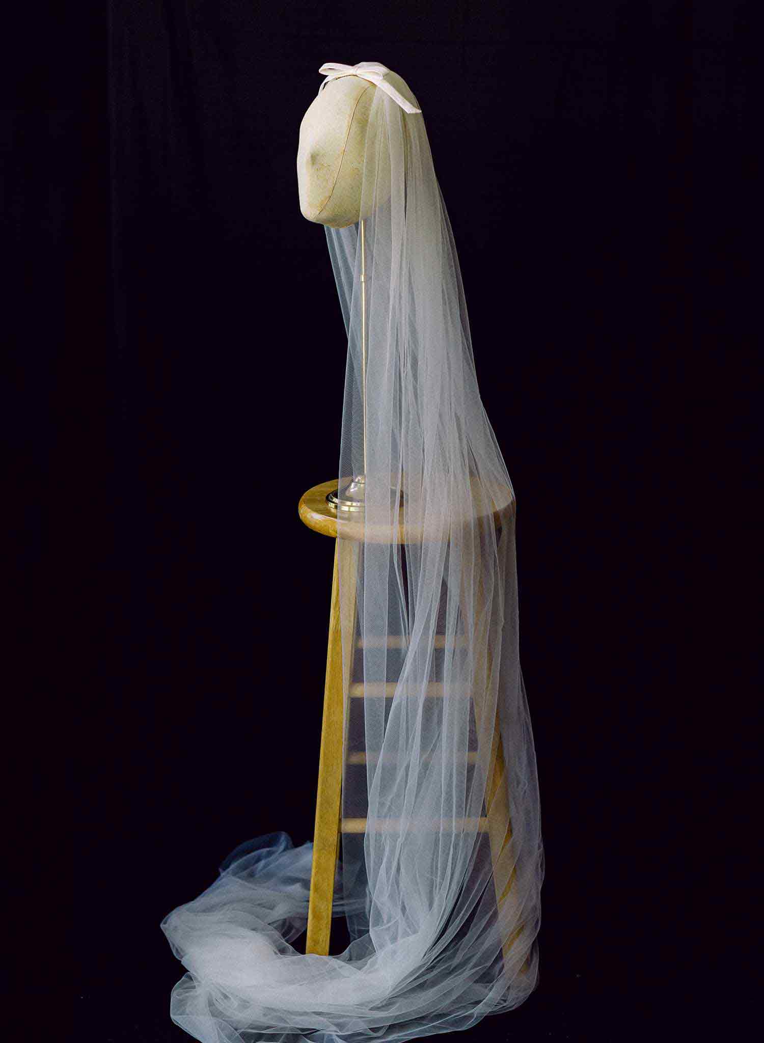 Soft bridal train tulle veil with silk bow by twigs and honey
