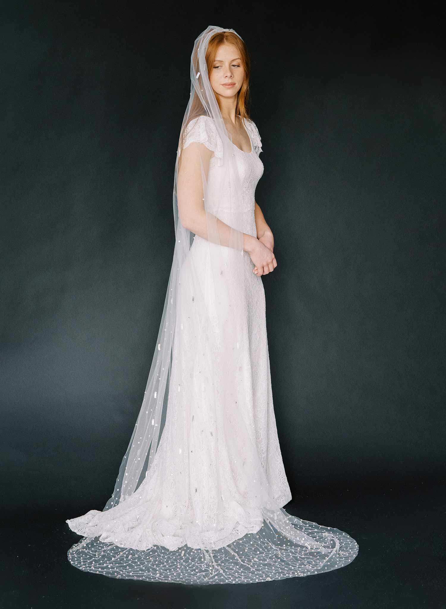 Hand embroidered crystal bridal train veil by twigs and honey