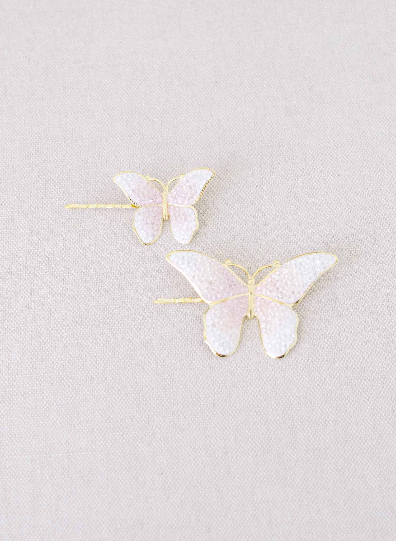 Twigs & Honey Bridal Butterfly Bobby Pins with Crystals - Glittery Crystal Butterfly Pin Set of 2 - Style #2371 Cream/Silver