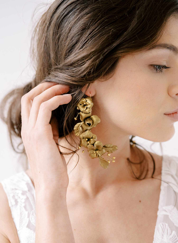 Gold colored bridal earrings by twigs and honey