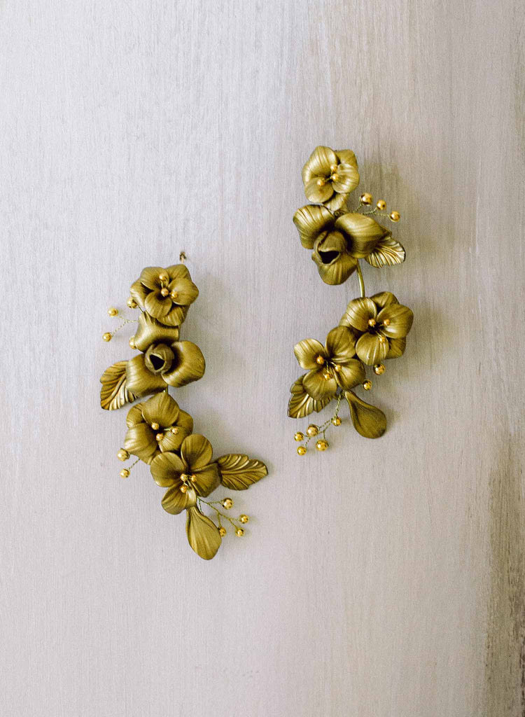 Gold colored bridal earrings by twigs and honey