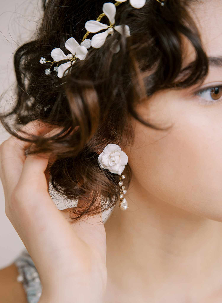 Handmade bridal rose and crystal earrings by twigs and honey