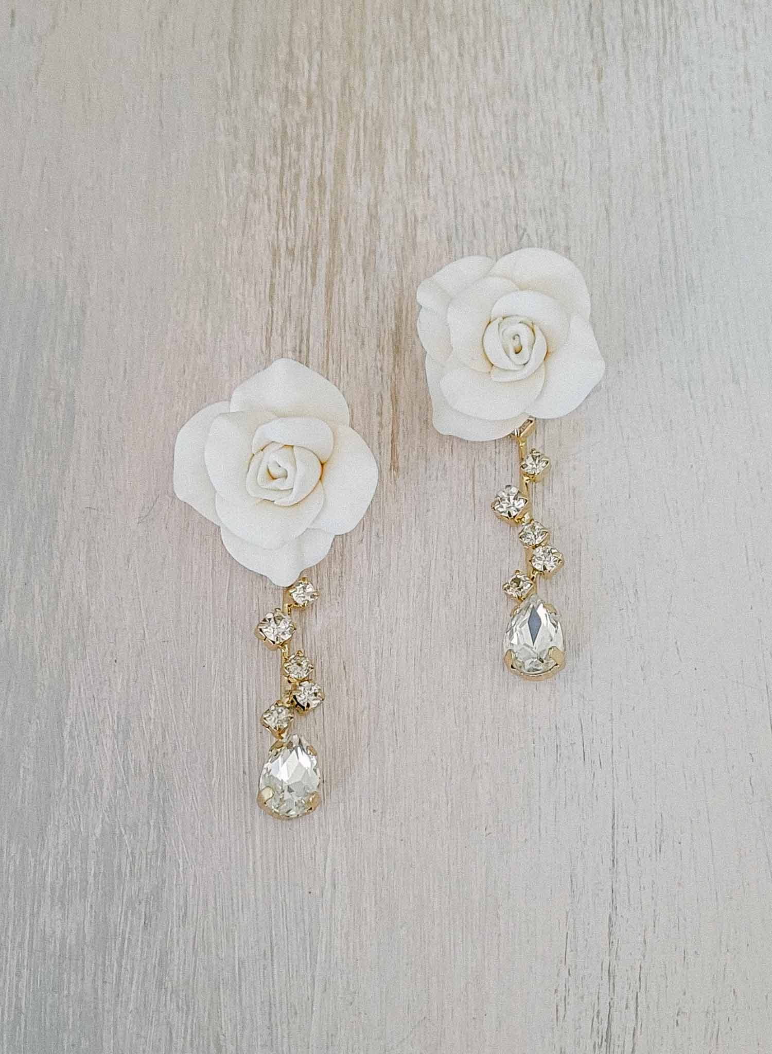 Rose bloom and crystal tendril earrings - Style #2374