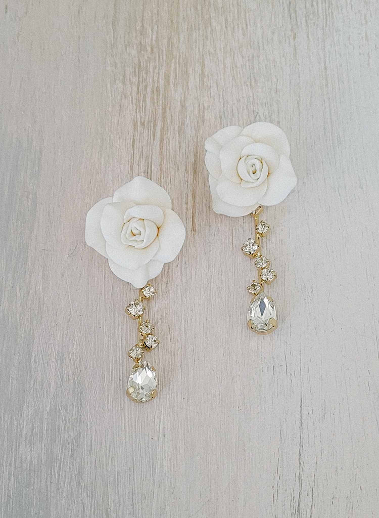 Handmade bridal rose and crystal earrings by twigs and honey