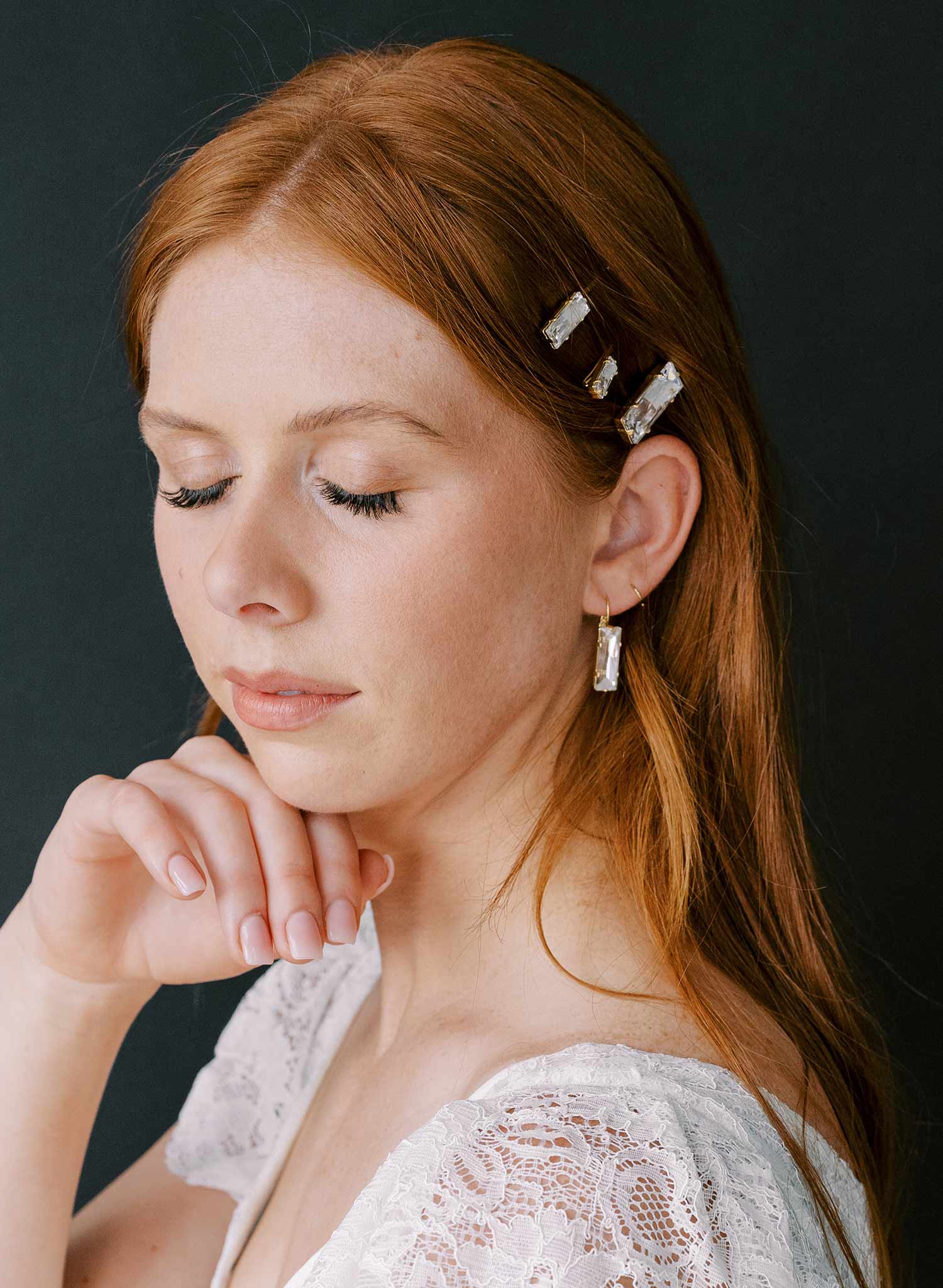 Baguette rectangular shaped crystal bridal hair pin set by twigs and honey