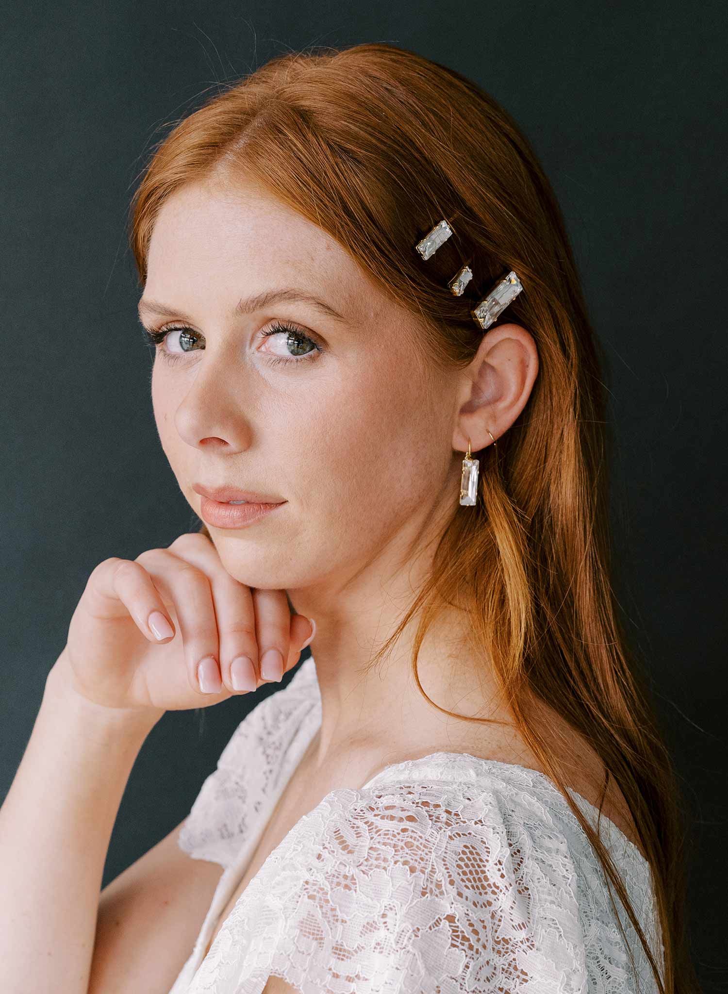 Baguette rectangular shaped crystal bridal hair pin set by twigs and honey