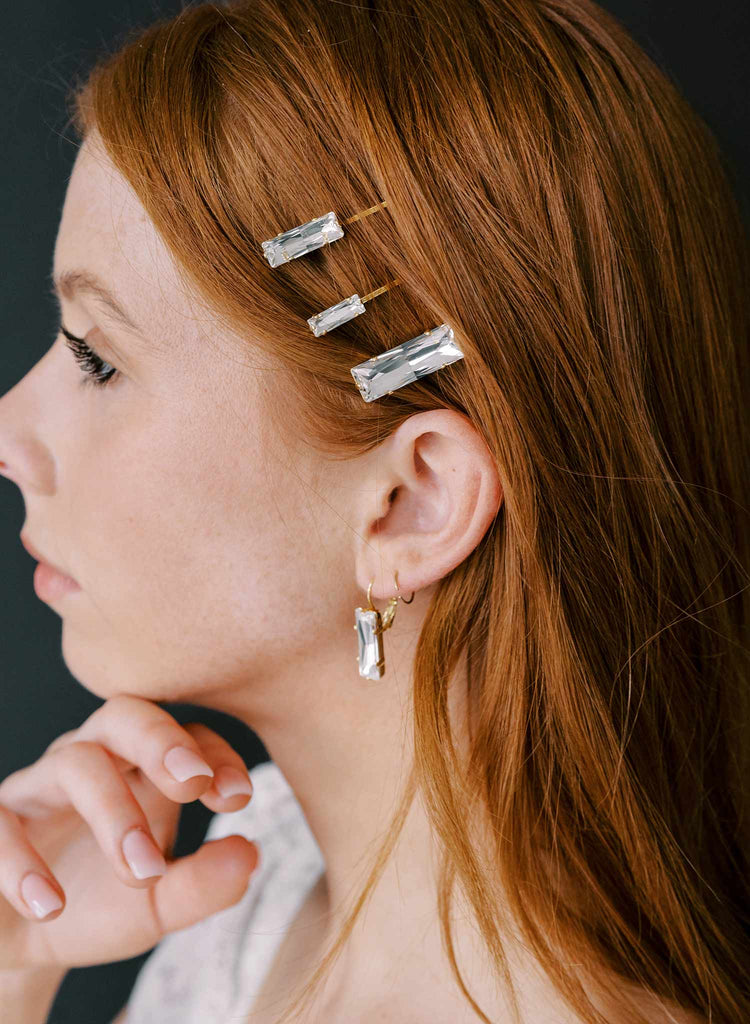 Baguette rectangular shaped crystal bridal hair pin set by twigs and honey