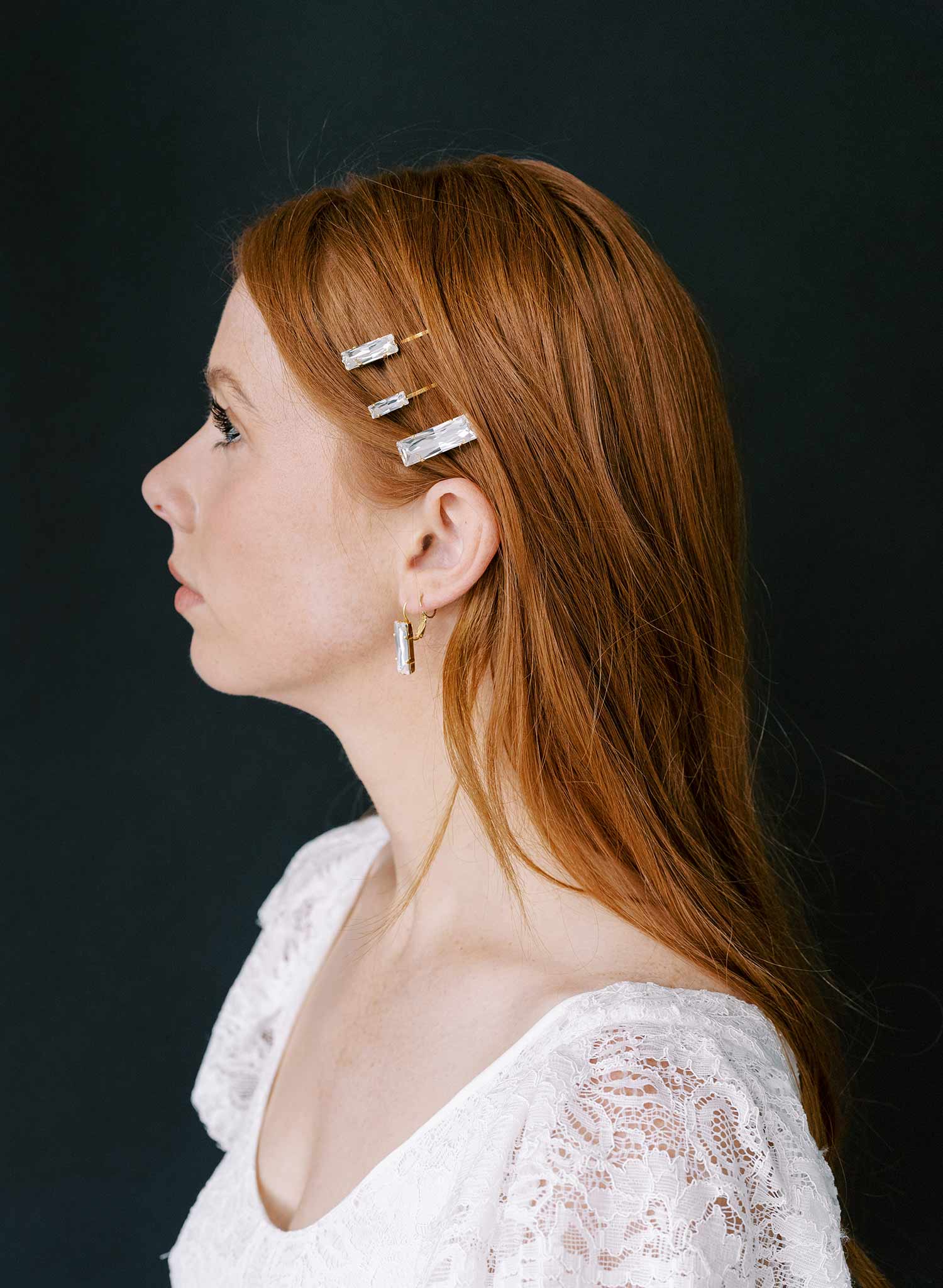 Baguette rectangular shaped crystal bridal hair pin set by twigs and honey
