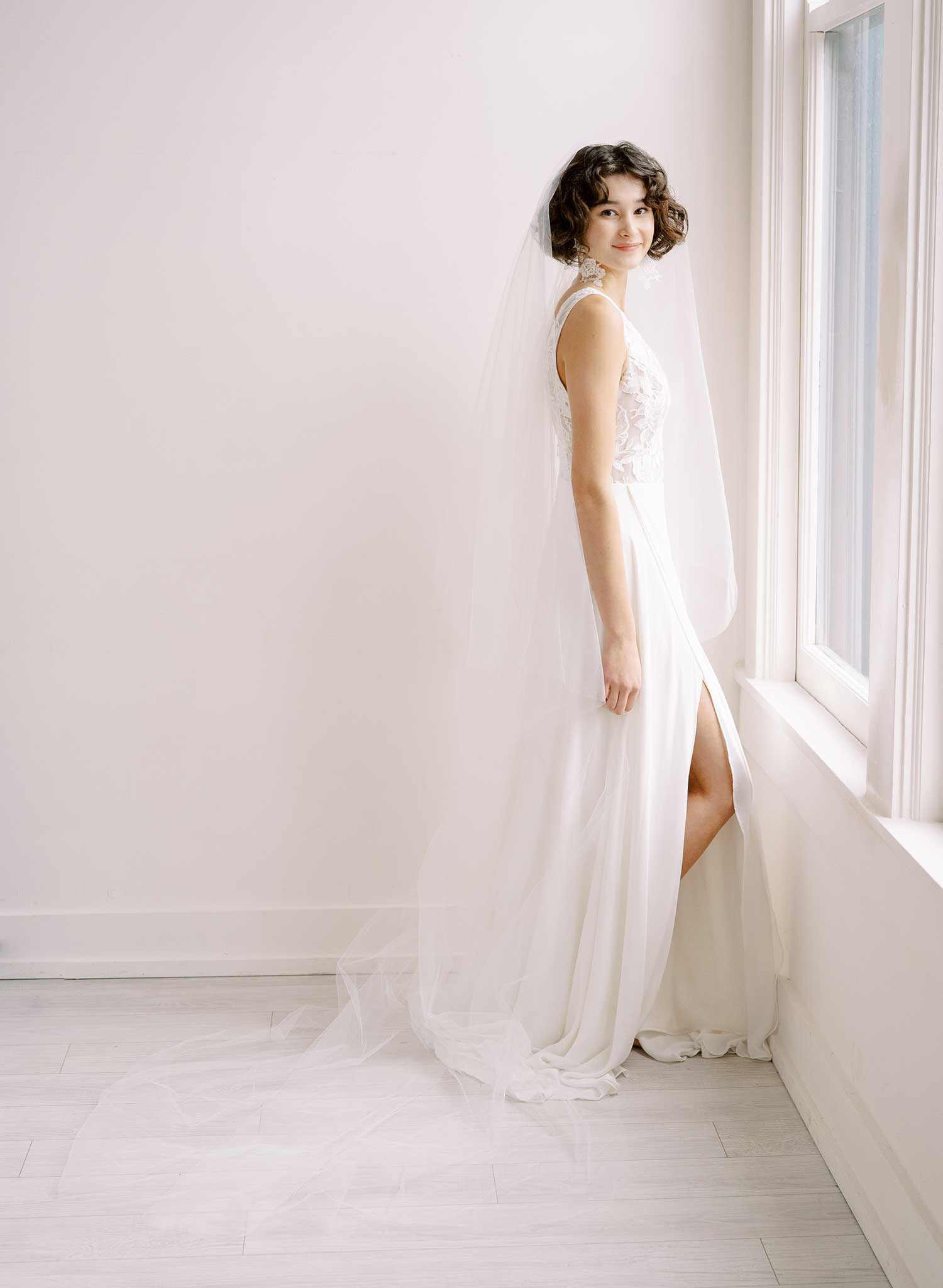 Twigs & Honey Bridal Short Veil with Blusher and Pencil Edge - Merrow Edge Bridal Veil with Blusher - Style #2358