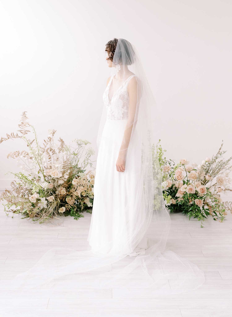 simple and plain wide bridal chapel length veil
