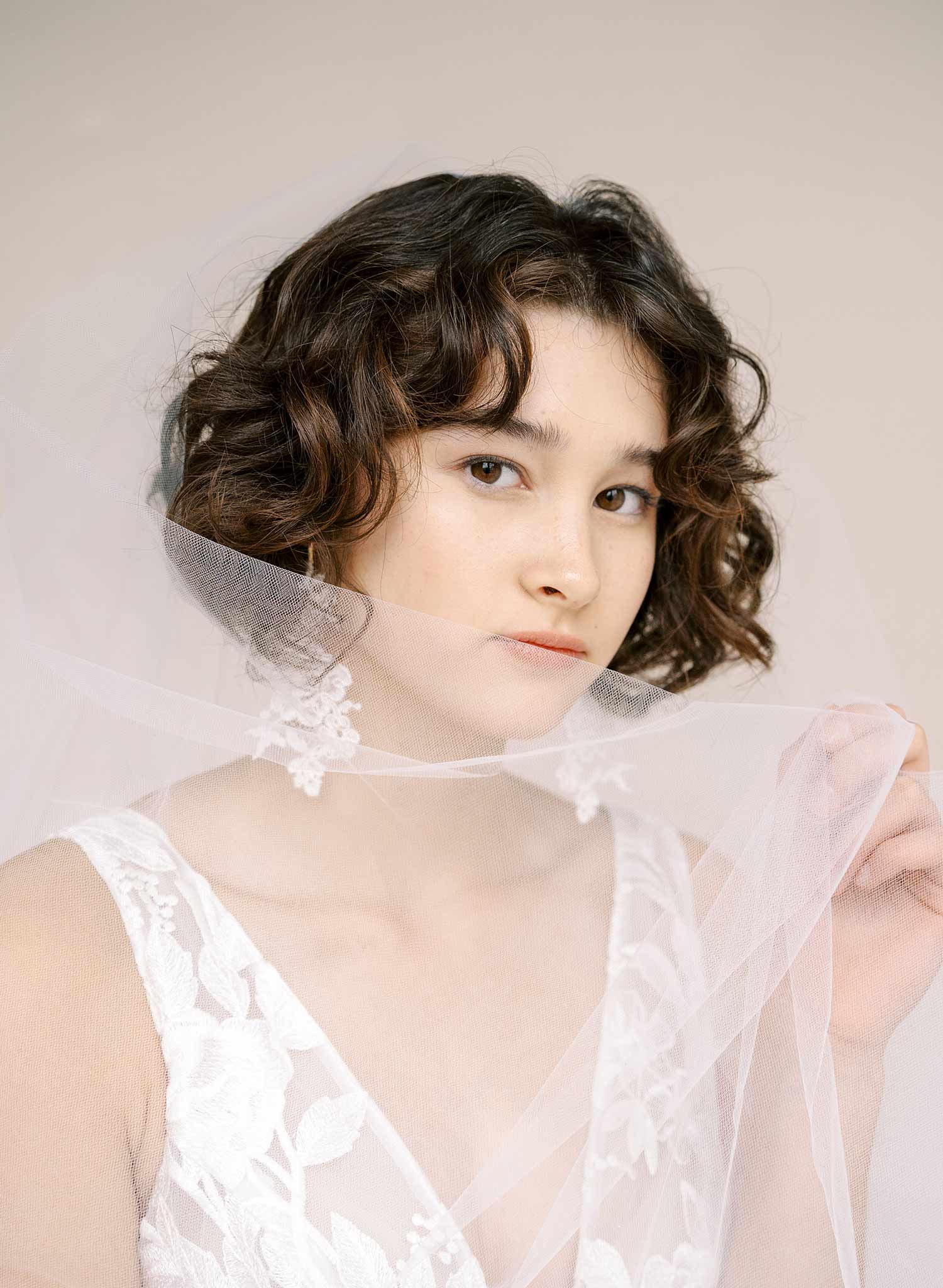 Twigs & Honey Bridal Short Veil with Blusher and Pencil Edge - Merrow Edge Bridal Veil with Blusher - Style #2358