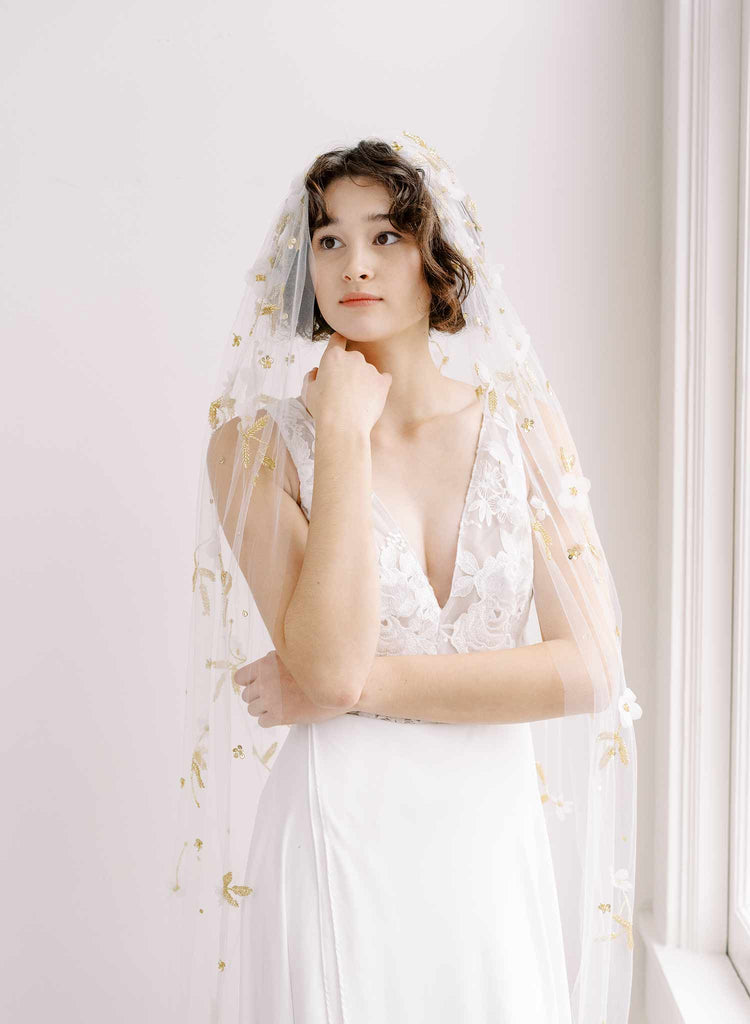 wedding veil with hand sewn embroidery and flowers by twigs & honey