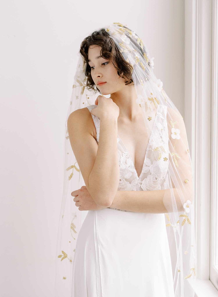 wedding veil with hand sewn embroidery and flowers by twigs & honey